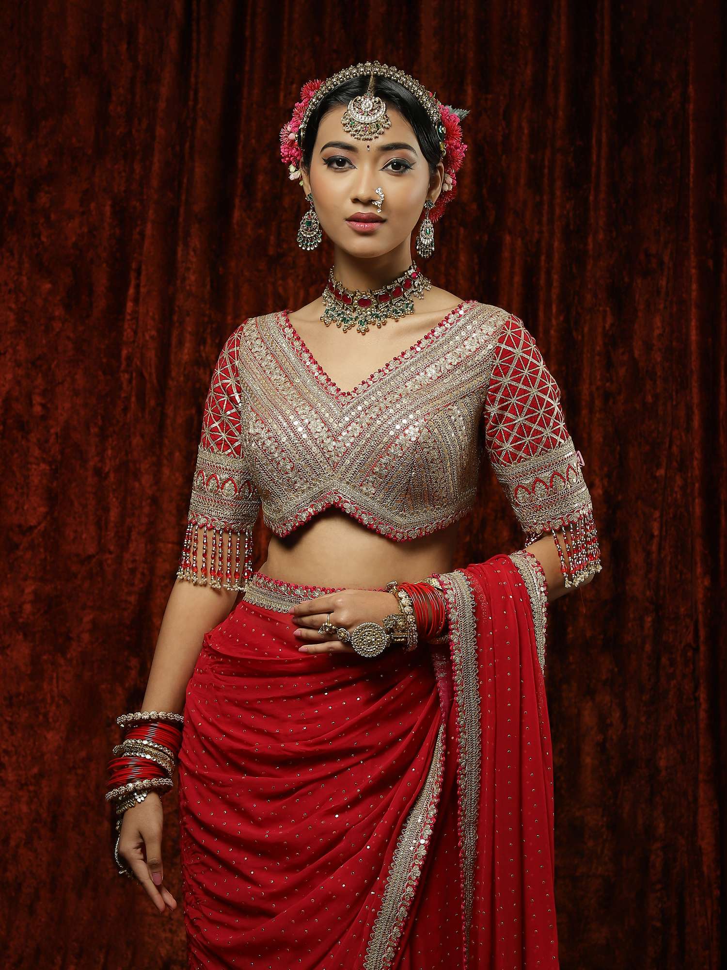 Crimson Red & Rani Saree, Blouse & Belt Set