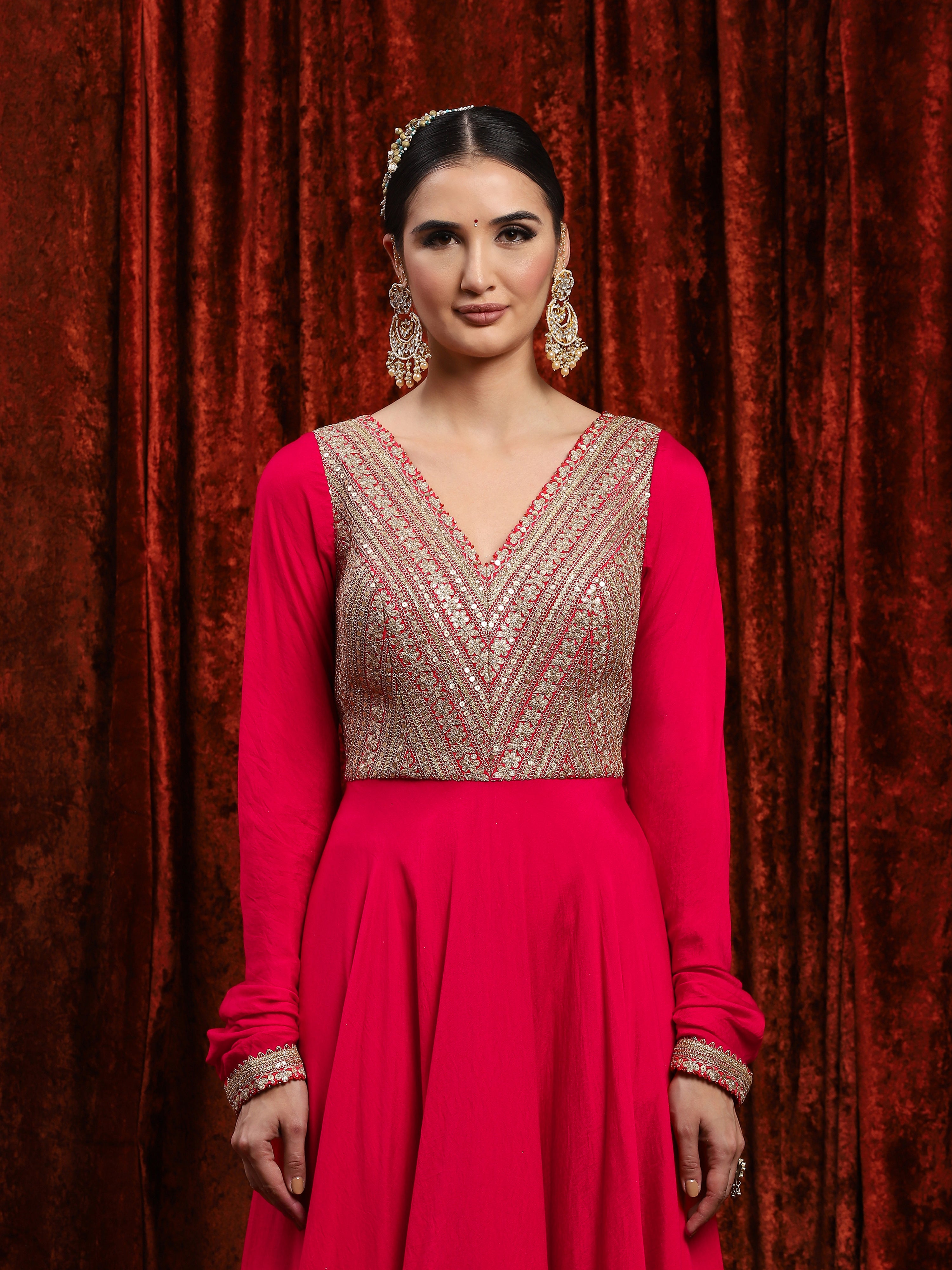 Rani Red Silk Chanderi Anarkali Suit
