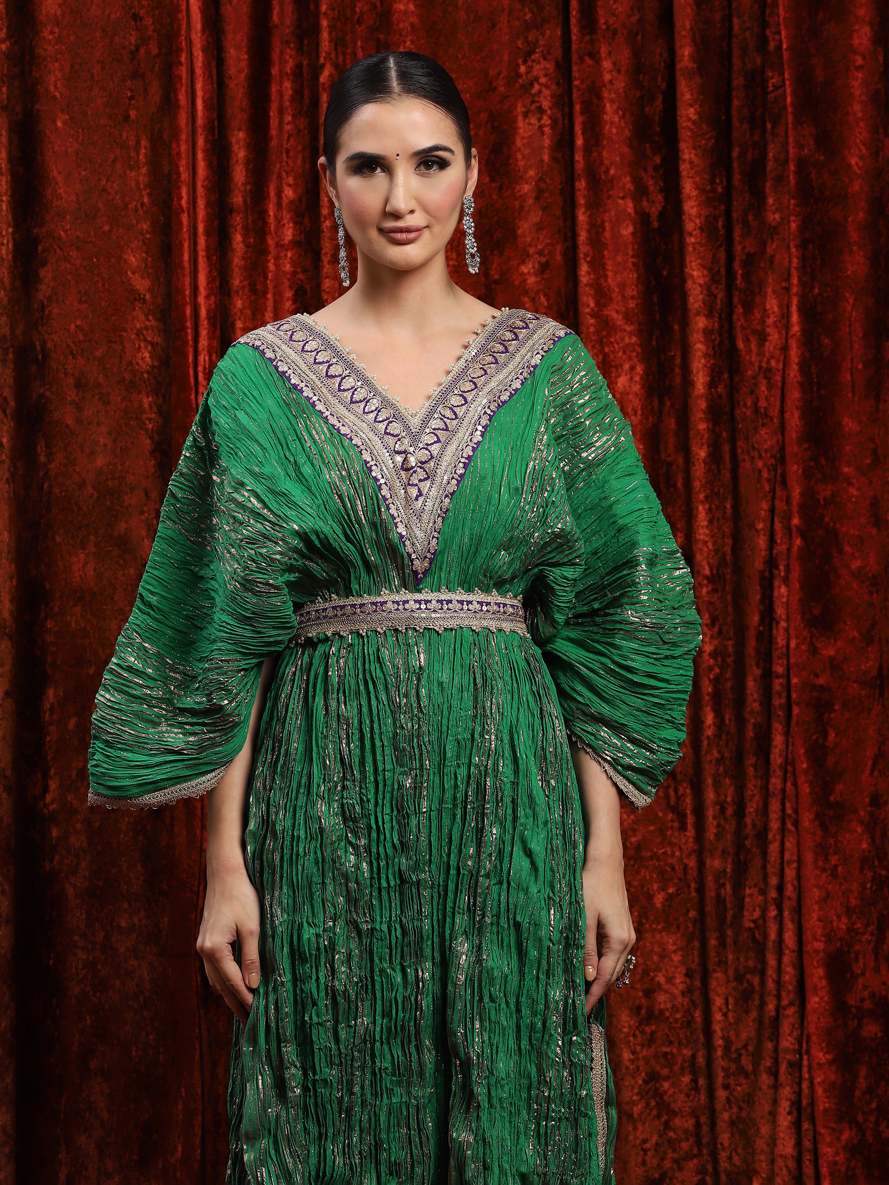 Green & Purplle Crinkle Kaftan & Belt Set