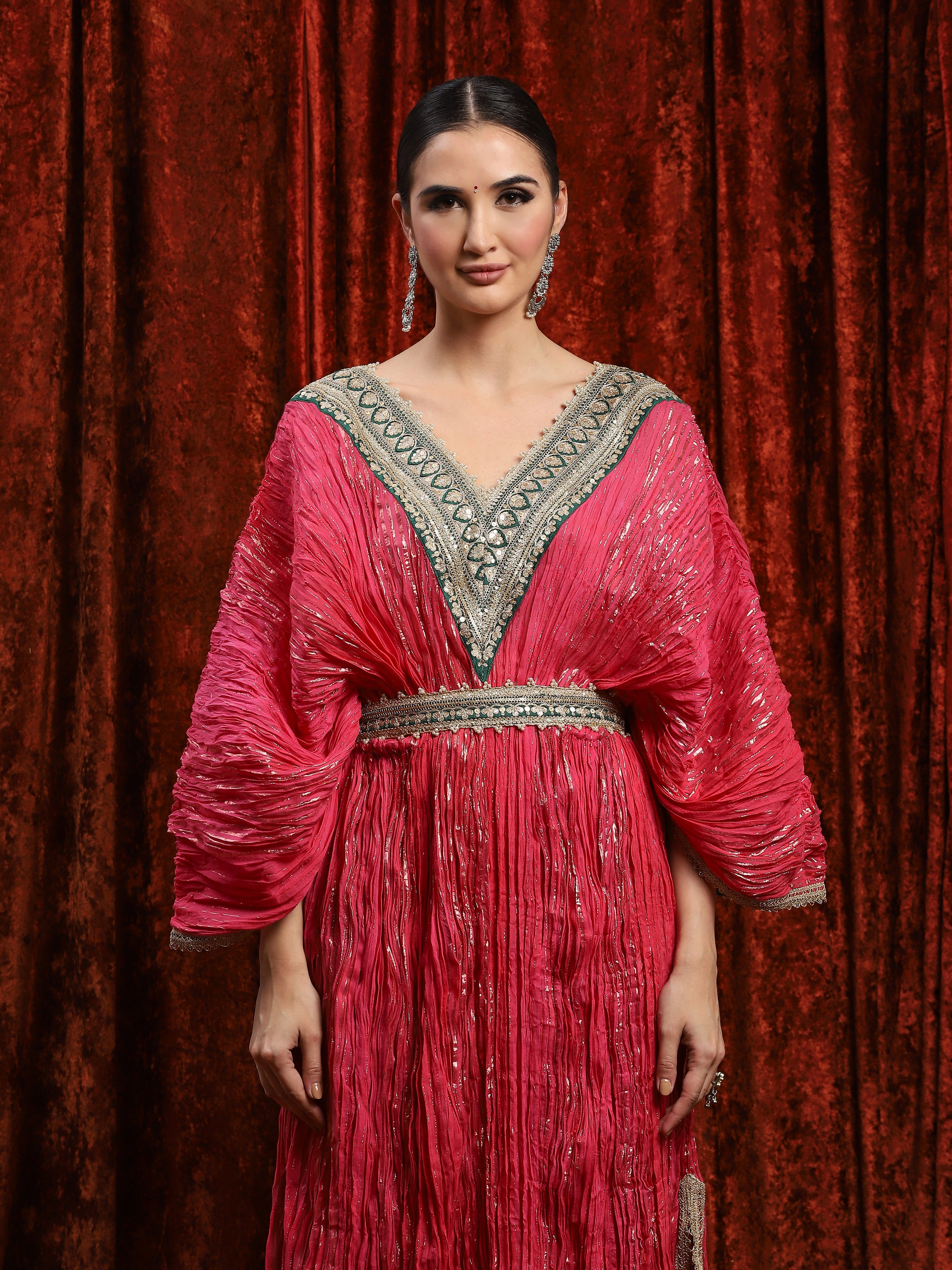 Punch Pink & Emerald Green Crinkle Kaftan & Belt Set