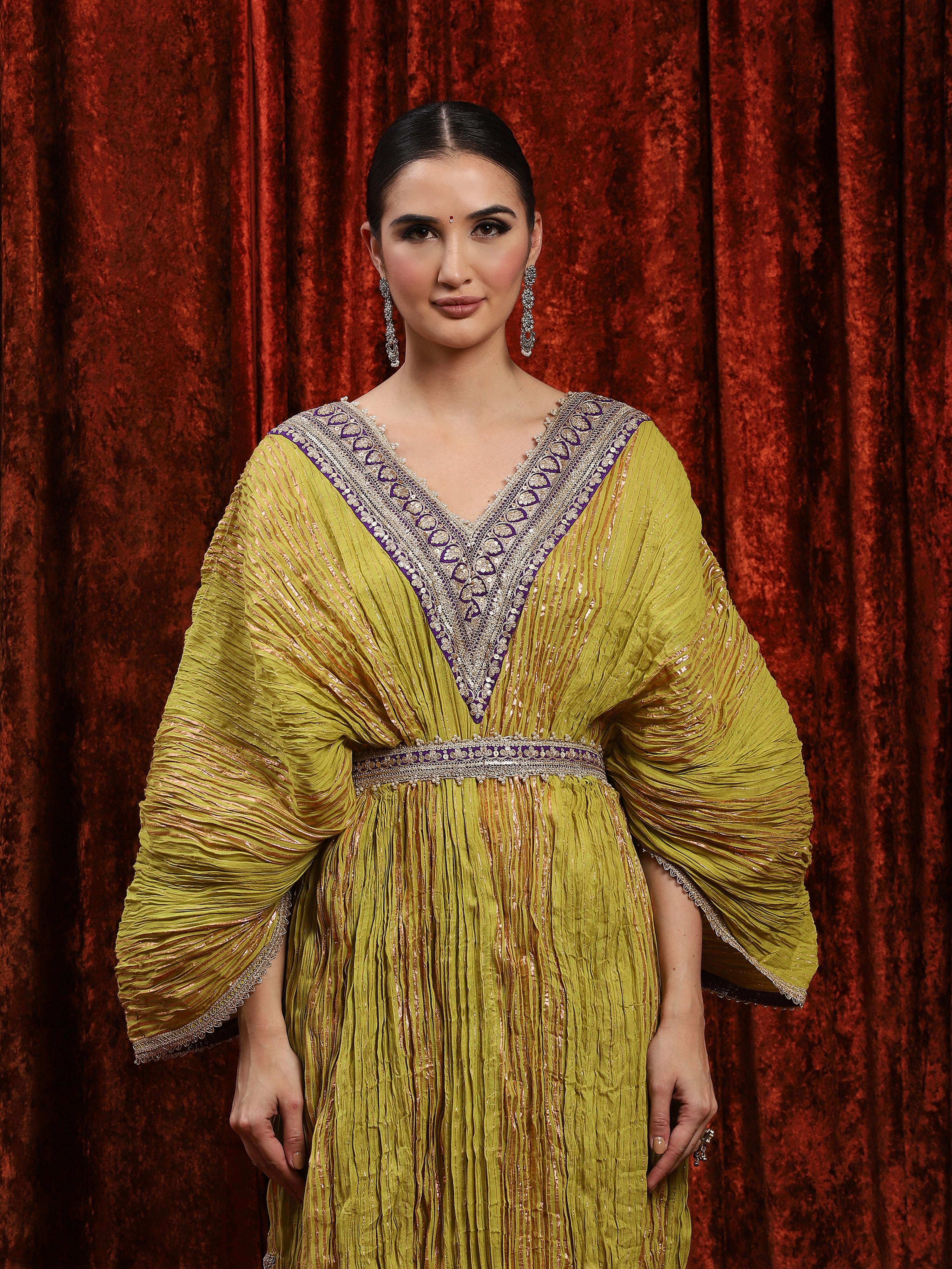 Lomon Green & Purple Crinkle Kaftan & Belt Set