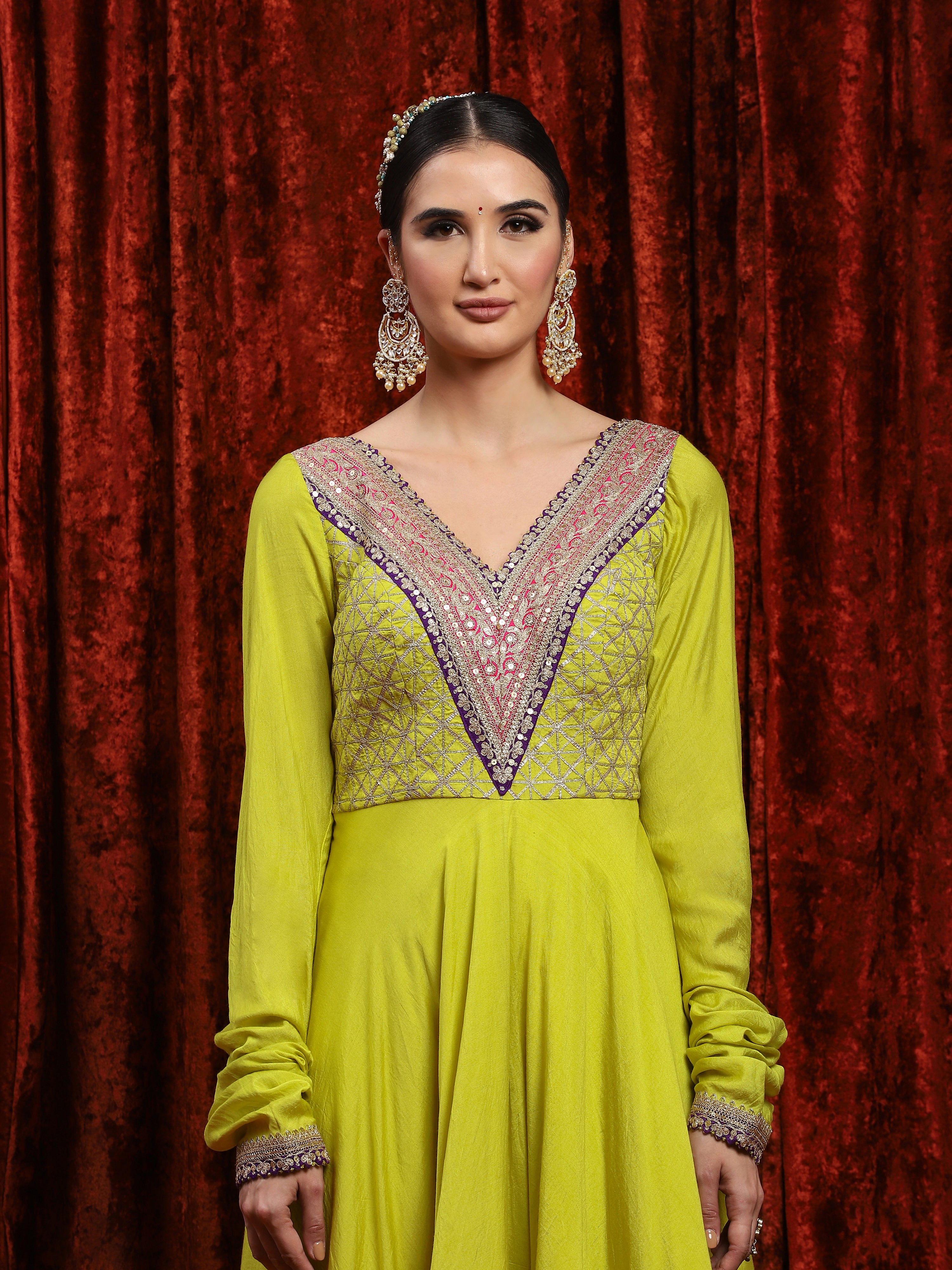 Lemon Green, Rani Pink & Purple Silk Chanderi Anarkali Suit