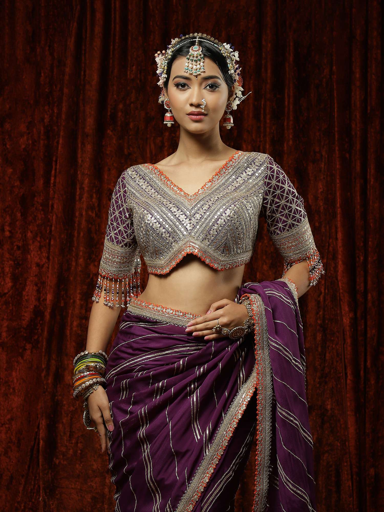 Purple & Orange Gota Leheriya Saree & Blouse Set
