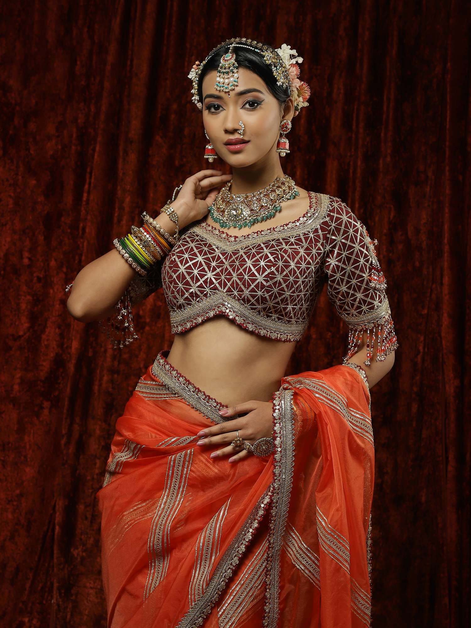 Orange & Maroon Organza Gota Leheriya Saree & Blouse Set