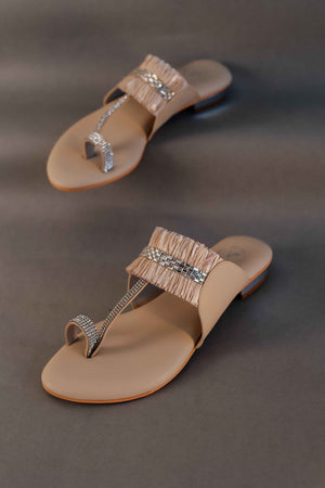 Beige Stringy Kolhapuri Open Toe Kitten Heel Sandal