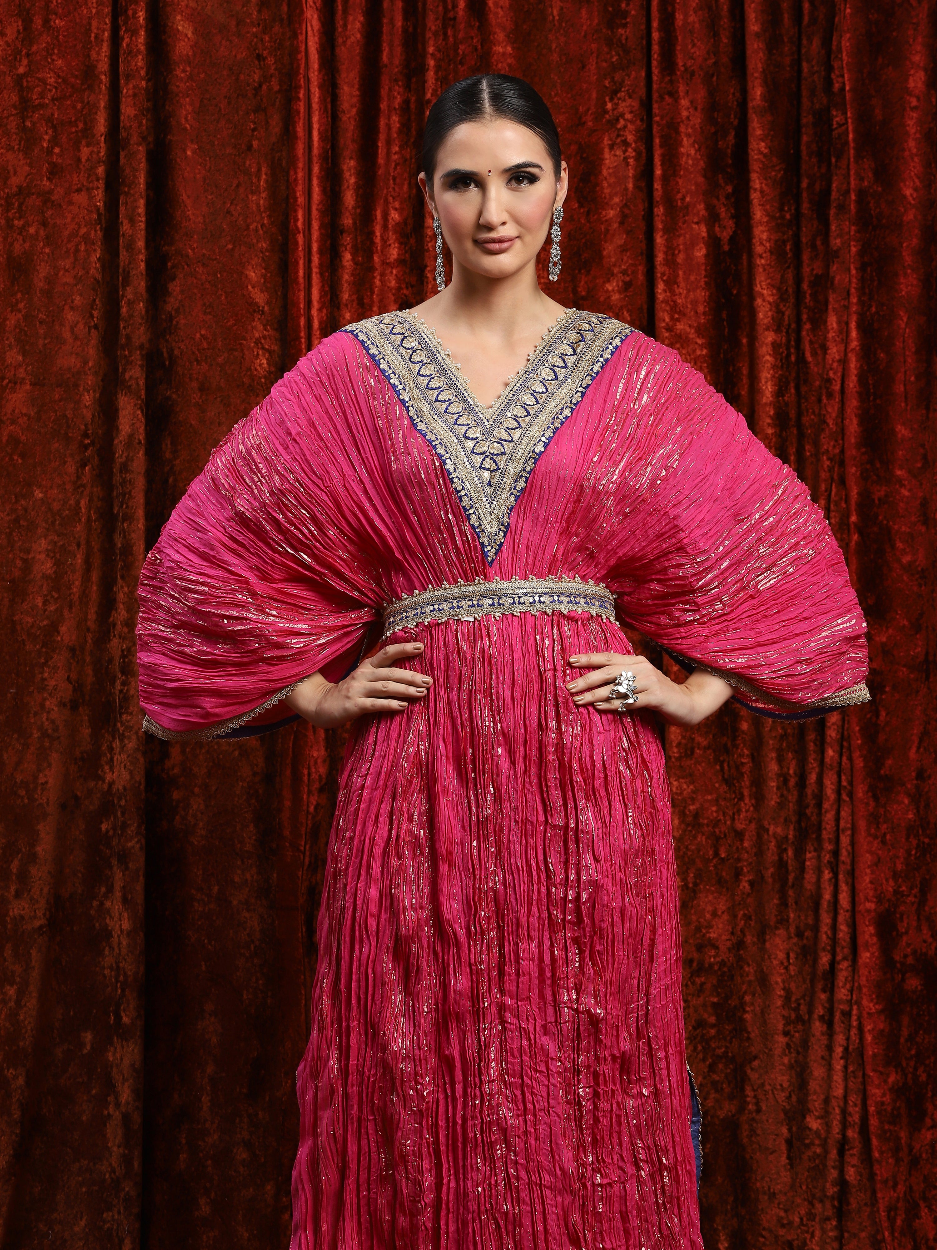 Rani Pink & Electric Blue Crinkle Kaftan & Belt Set