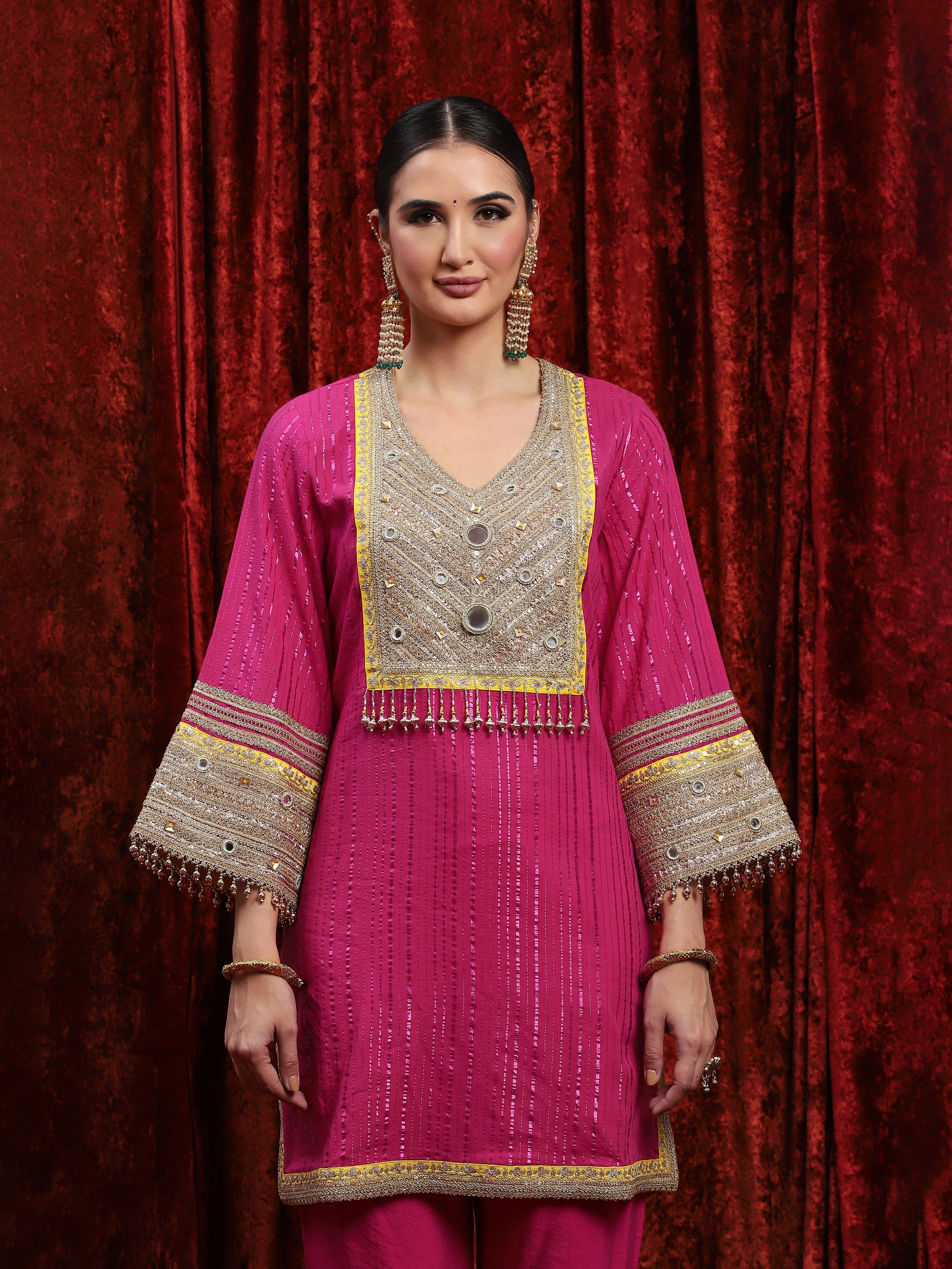 Rani Pink & Lemon Yellow Kurta Pant Dupatta Set