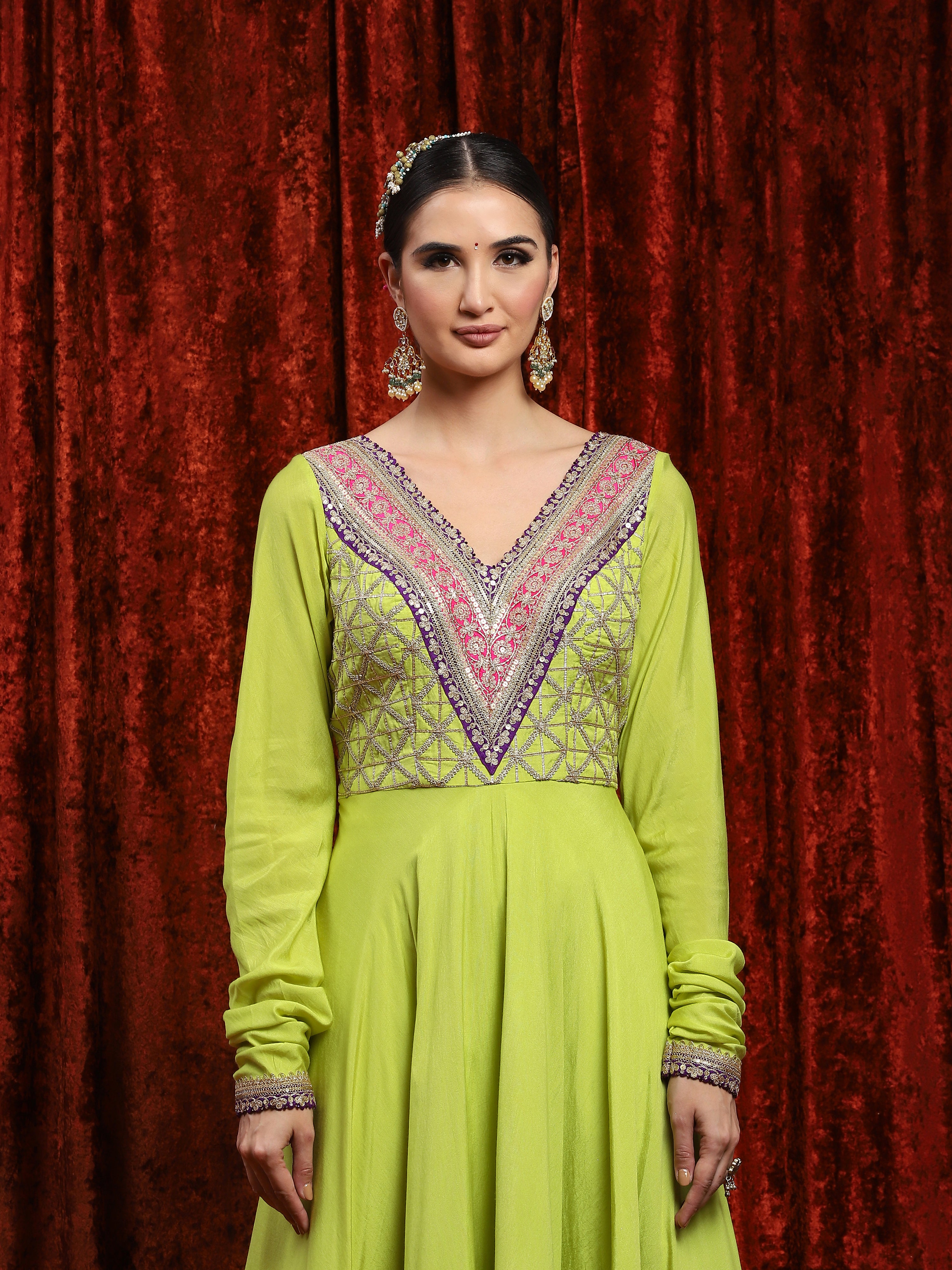 Light Pea Green, Purple & Rani Pink Silk Chanderi Anarkali Suit