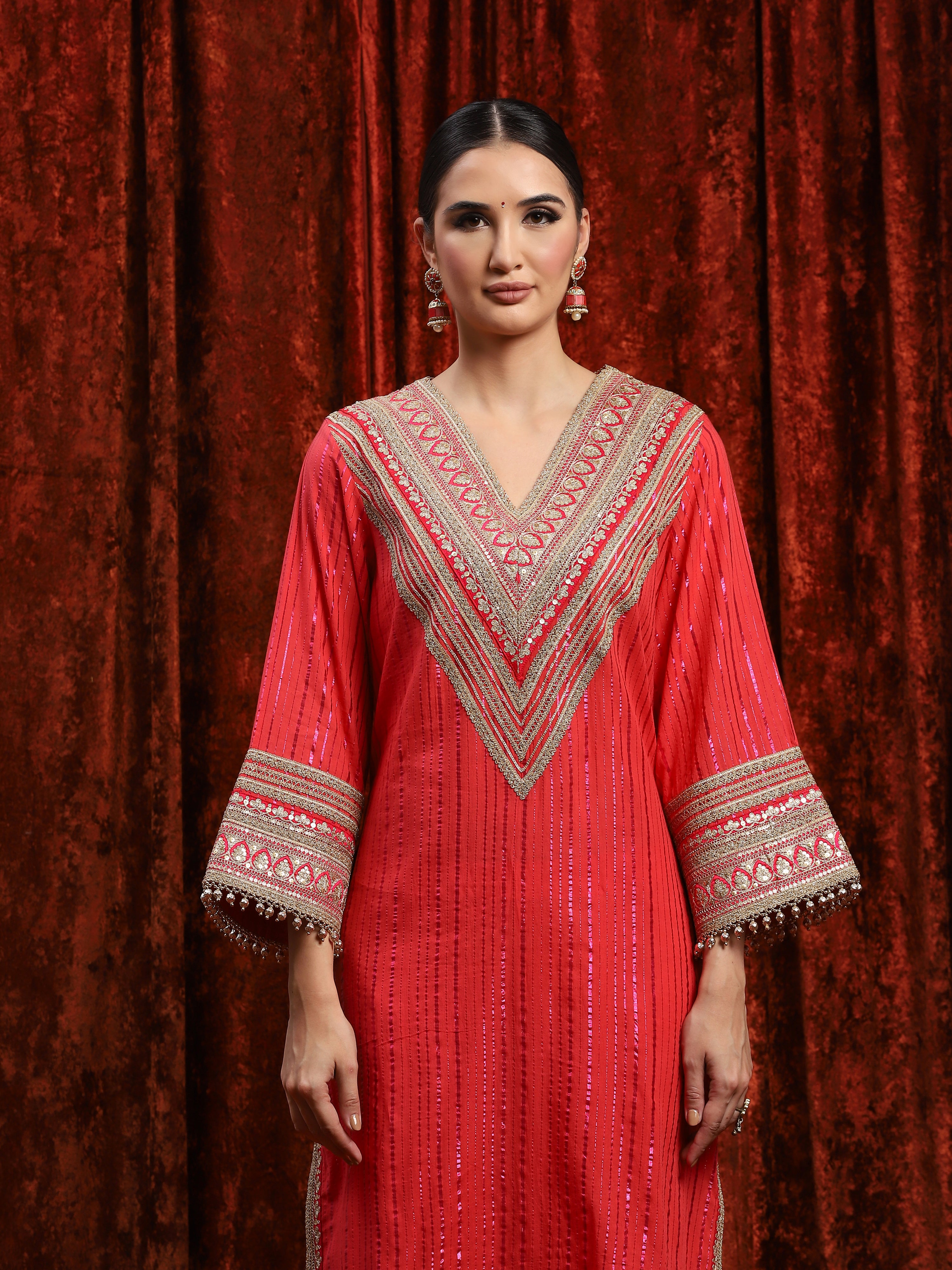 Watemelon Red & Rani Pink Kurta Pant Dupatta Set