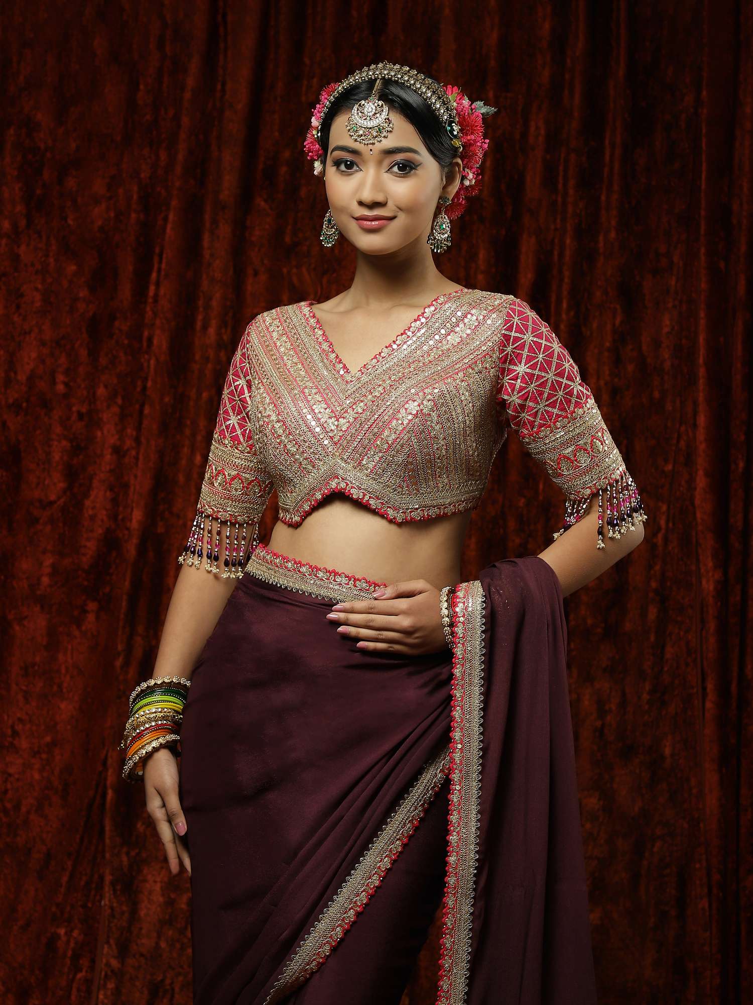 Dark Mauve & Rani Saree, Blouse & Belt Set