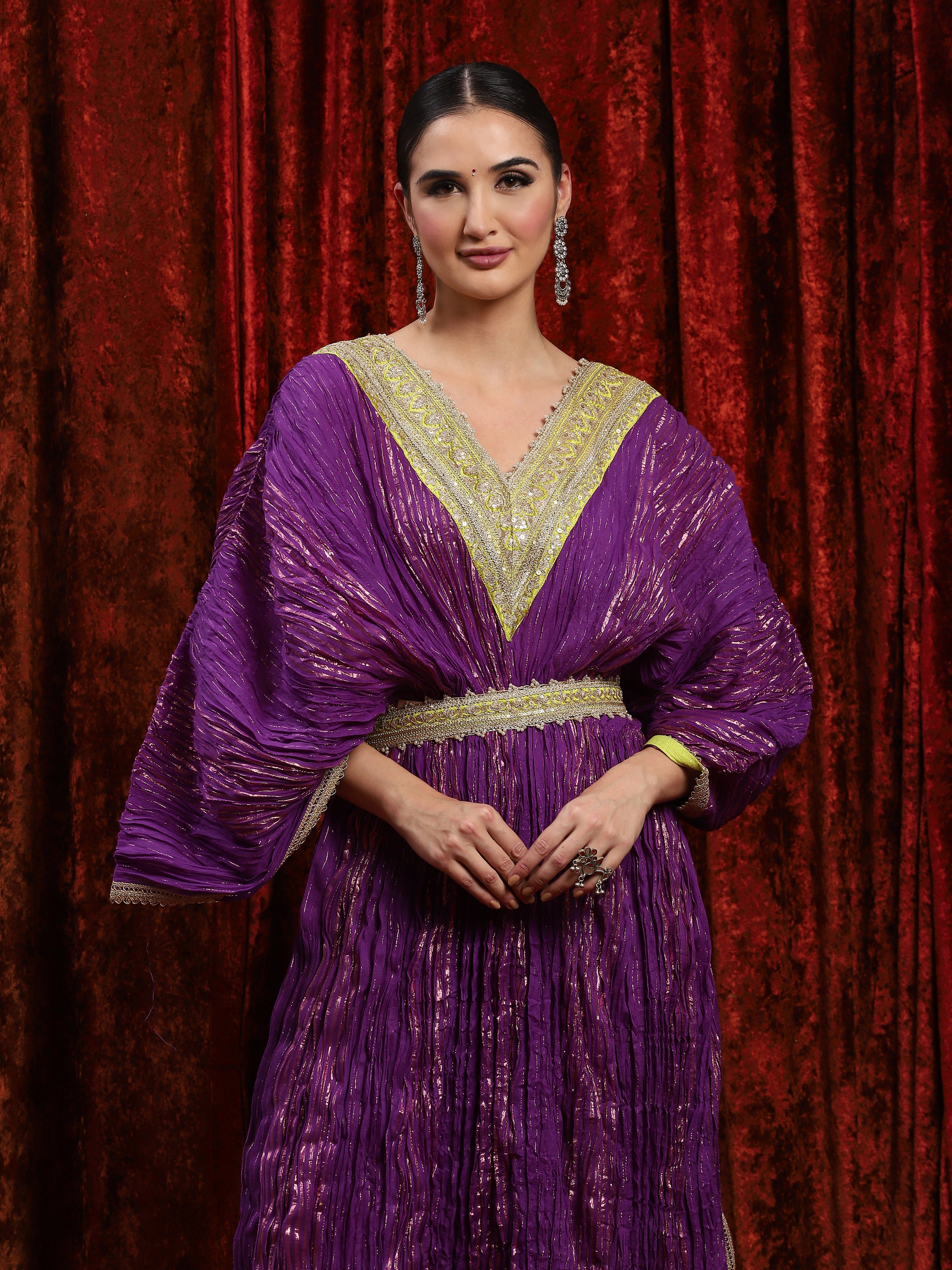 Purple & Lomon Green Crinkle Kaftan & Belt