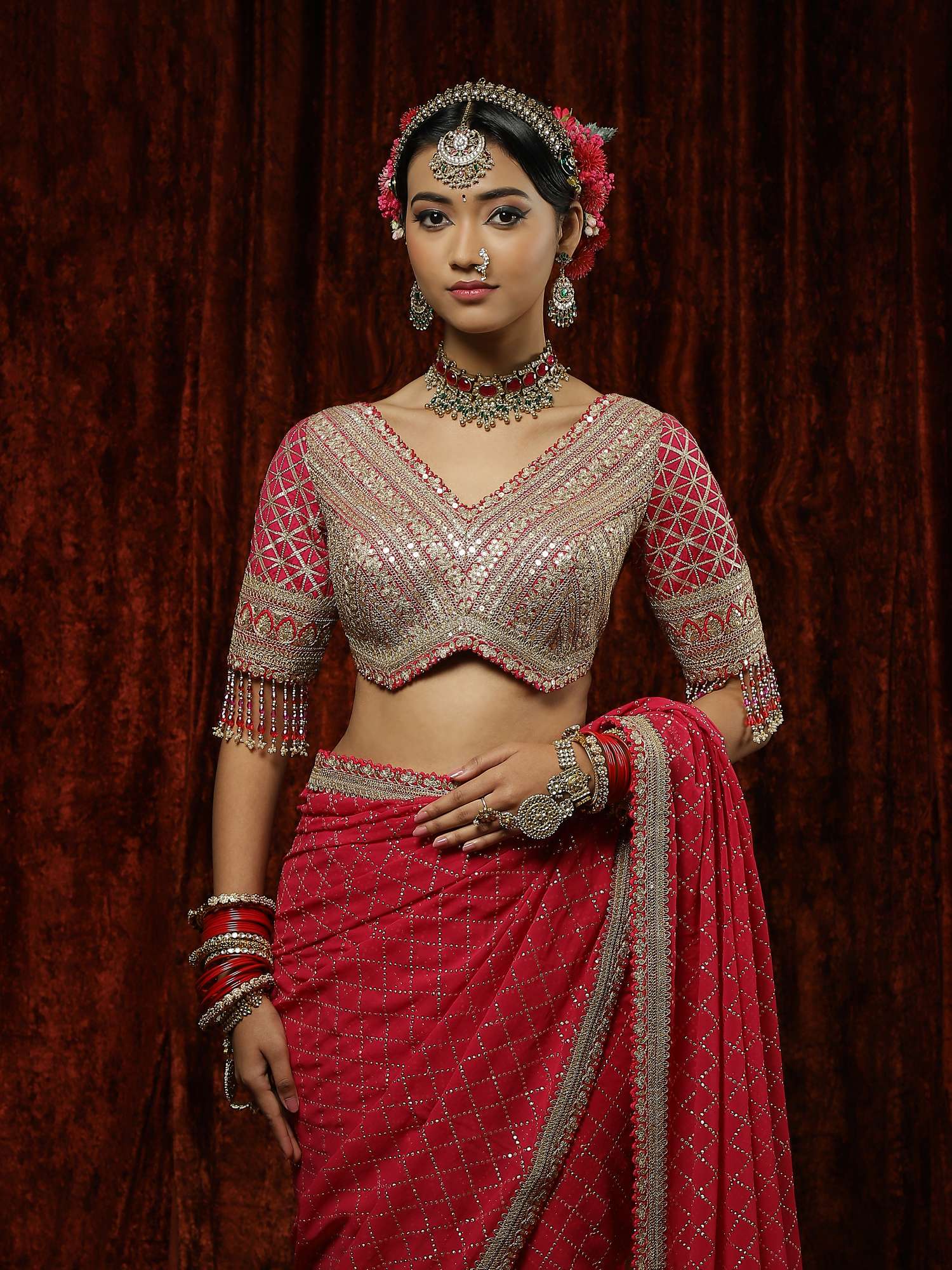 Desi Gulab Saree, Blouse & Belt Set