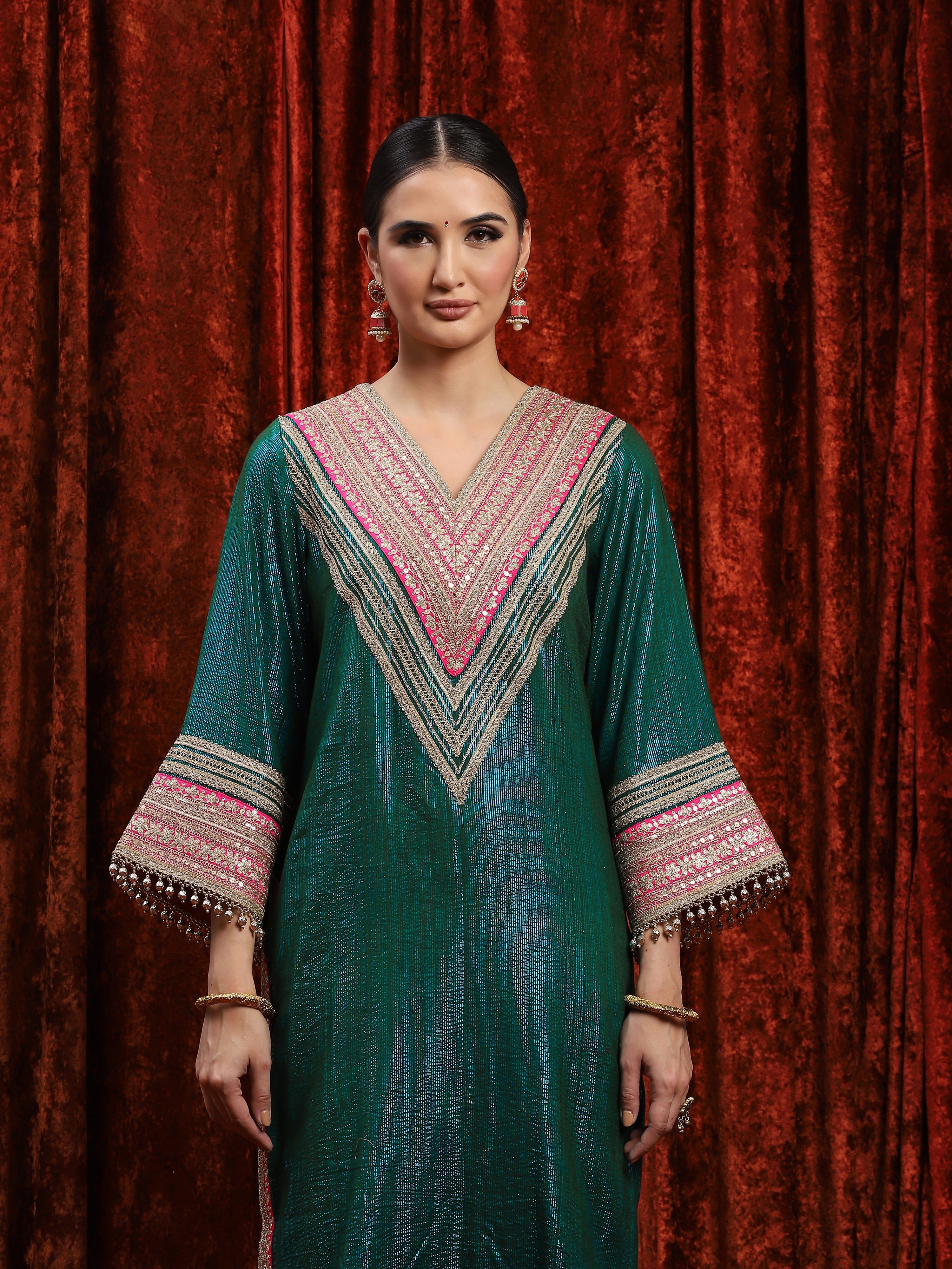 Dark Green & Rani Pink Kurta Tulip Pant Dupatta Set