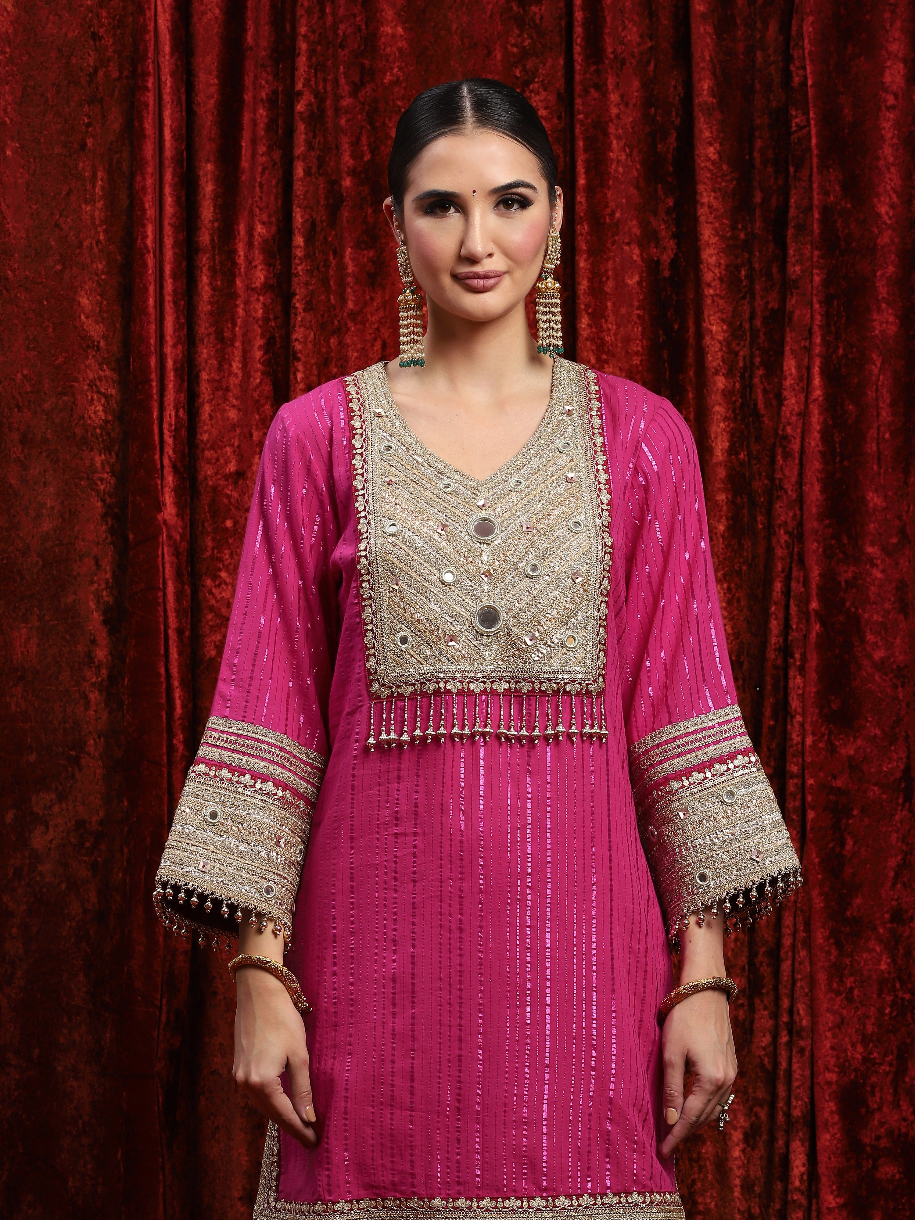 Rani Pink & Maroon Kurta Sharara Dupatta Set