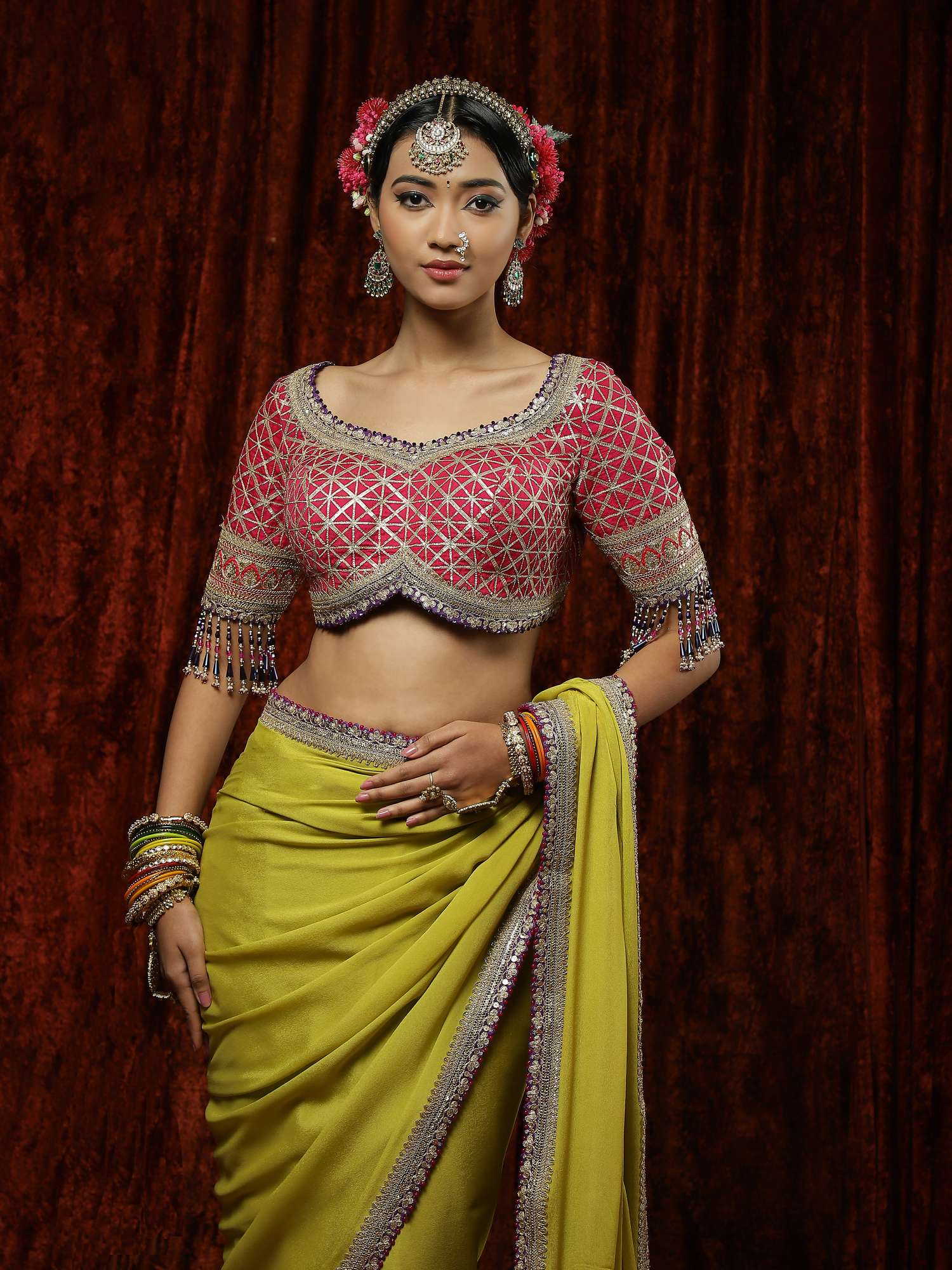 Lemon Green, Mauve & Rani Saree & Blouse Set