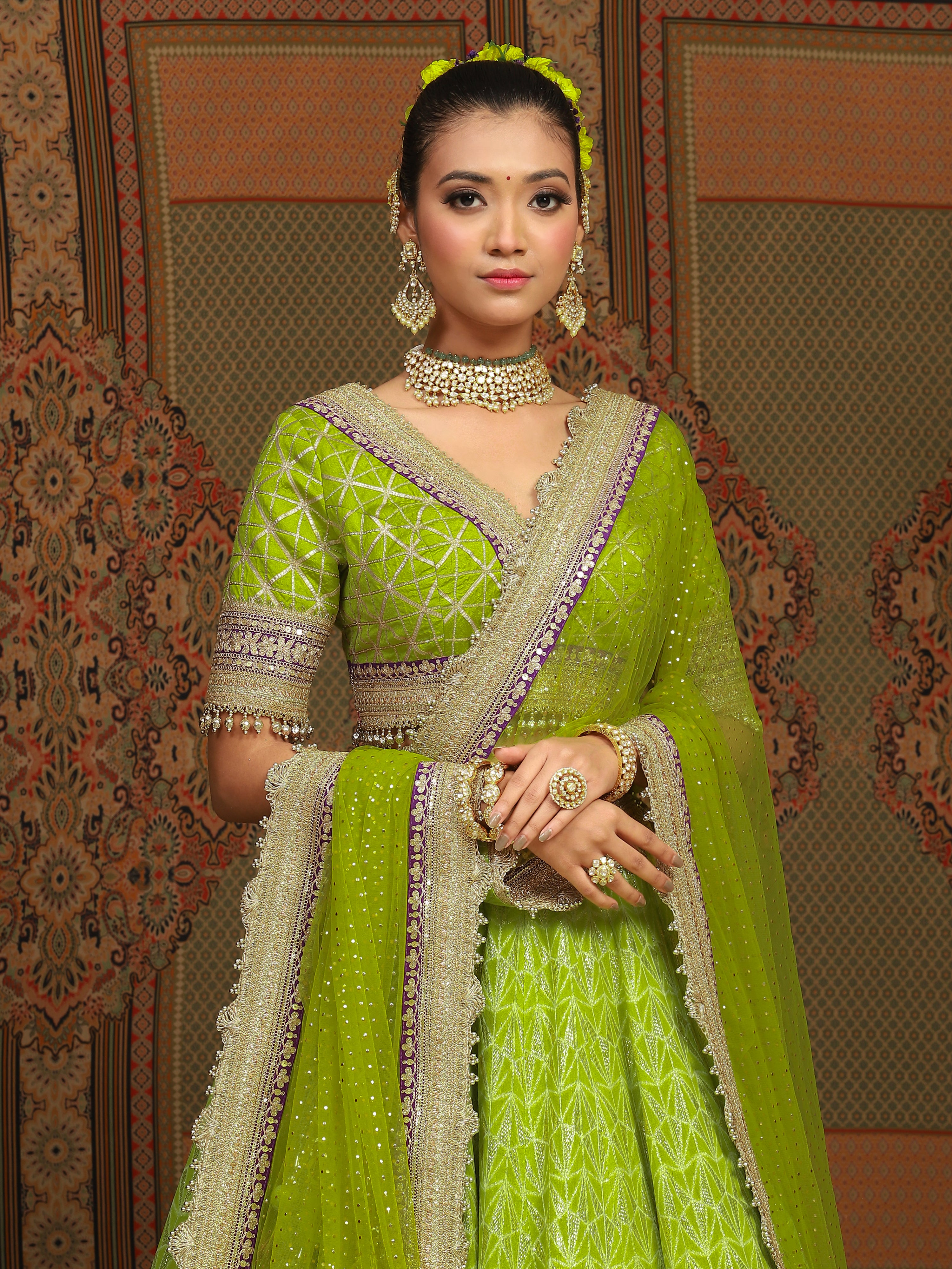 Lemon Green And Purple Lehenga Set