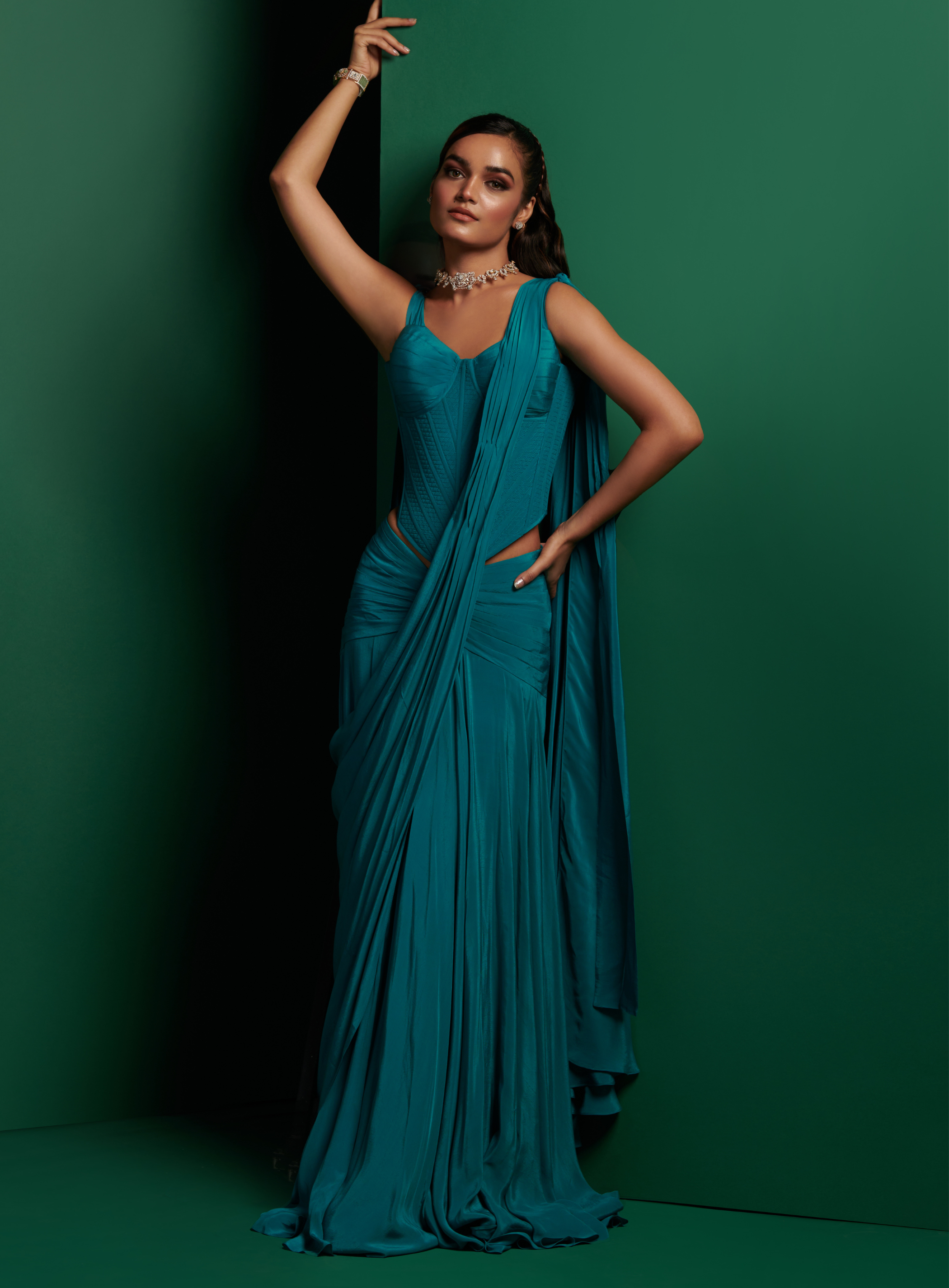 Teal Green Longline Torso Corset With Drape Saree