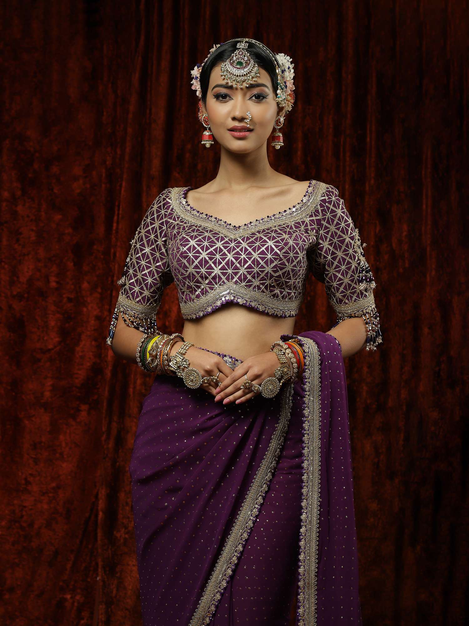 Purple Saree, Blouse & Belt Set