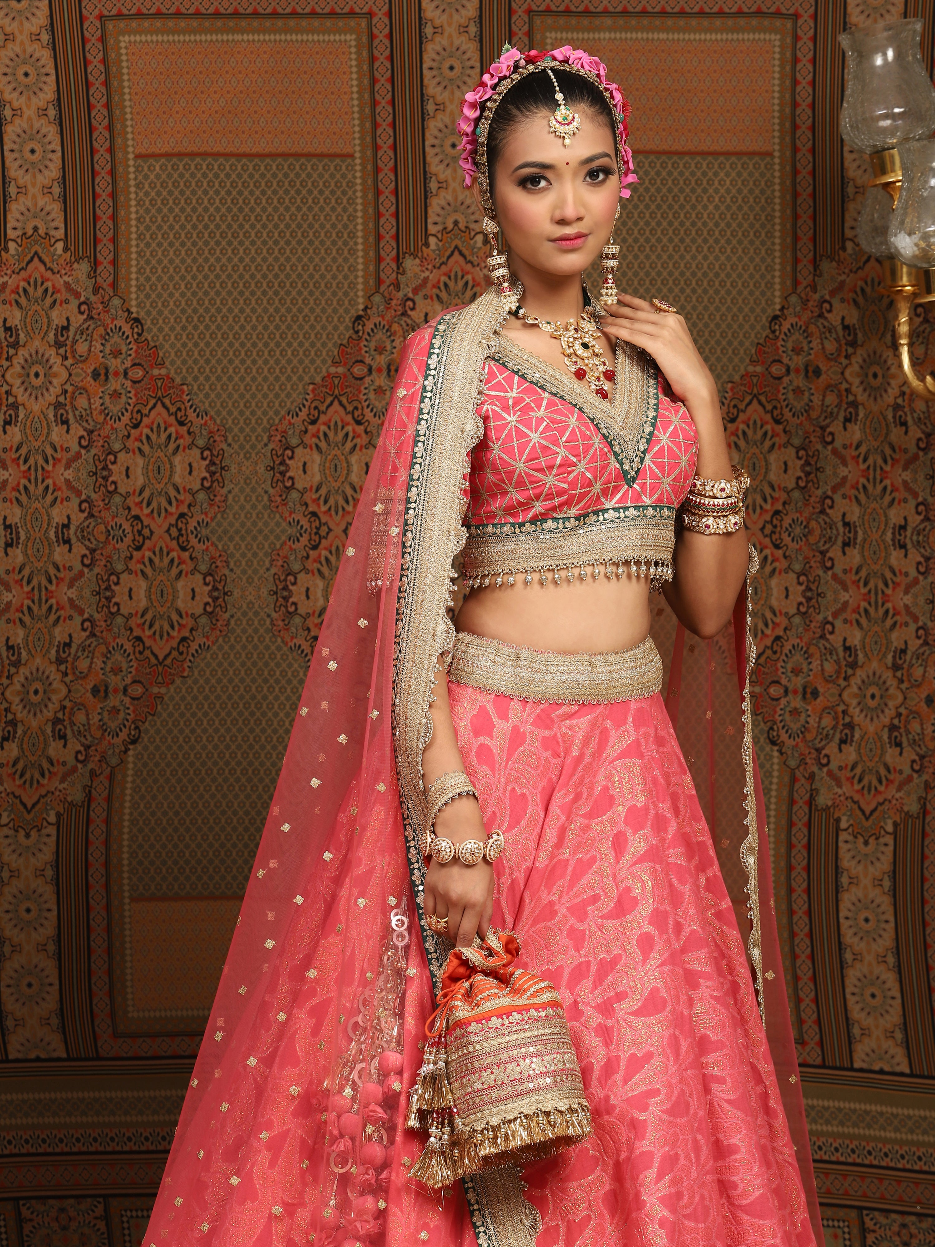 Punch Pink And Emerald Green Lehenga Set