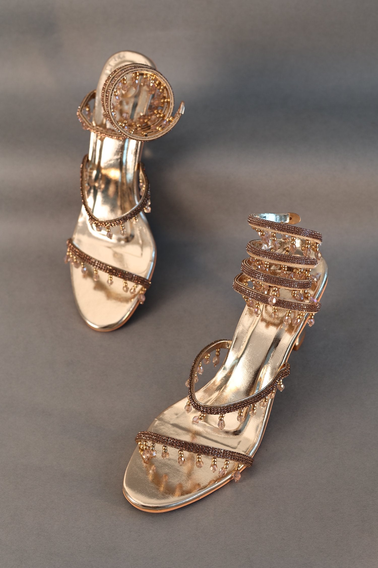 Open Toe Champagne Gold Spring with Emblishment Heel Sandal