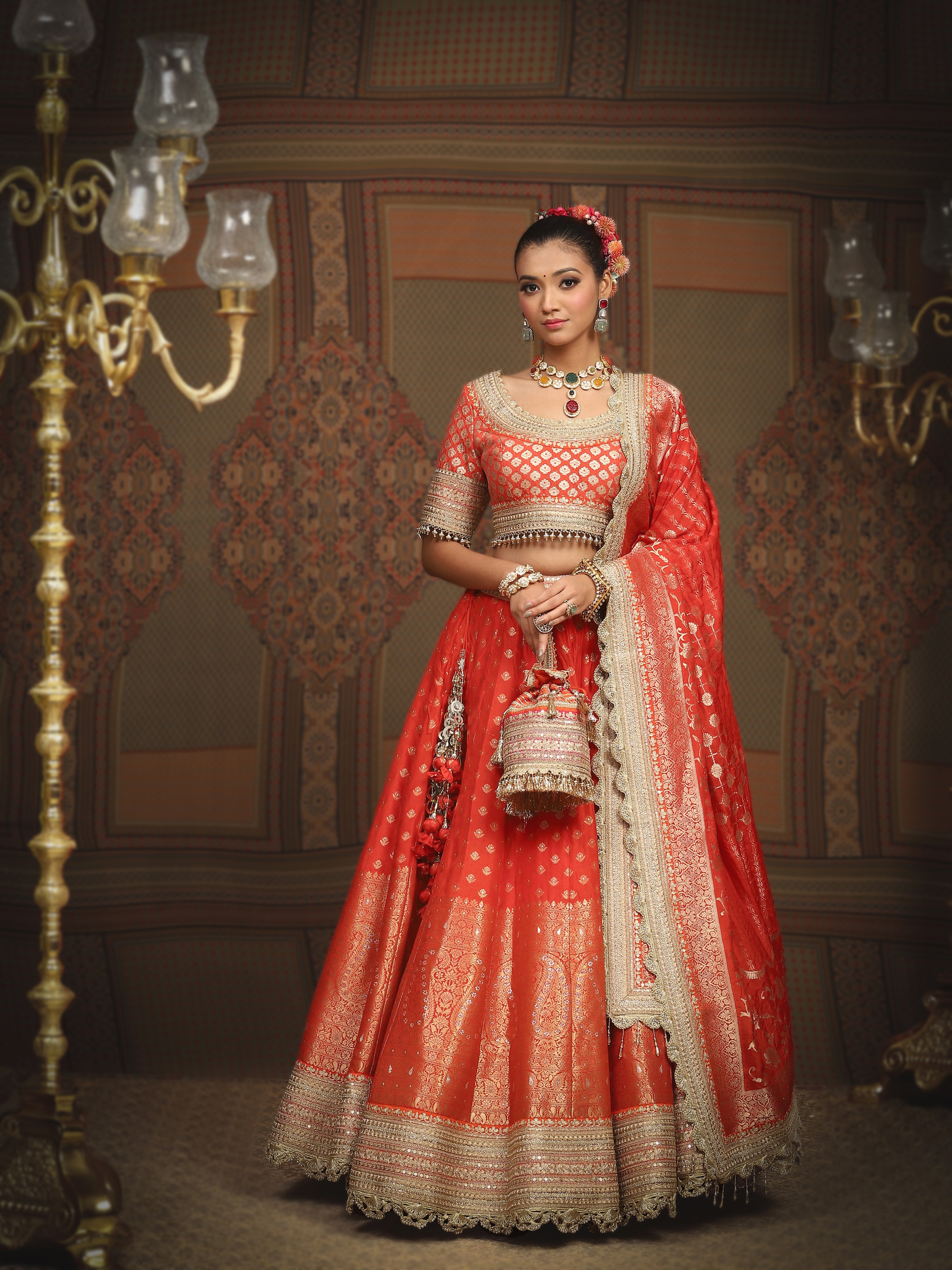 Orange Banarasi Lehenga Set