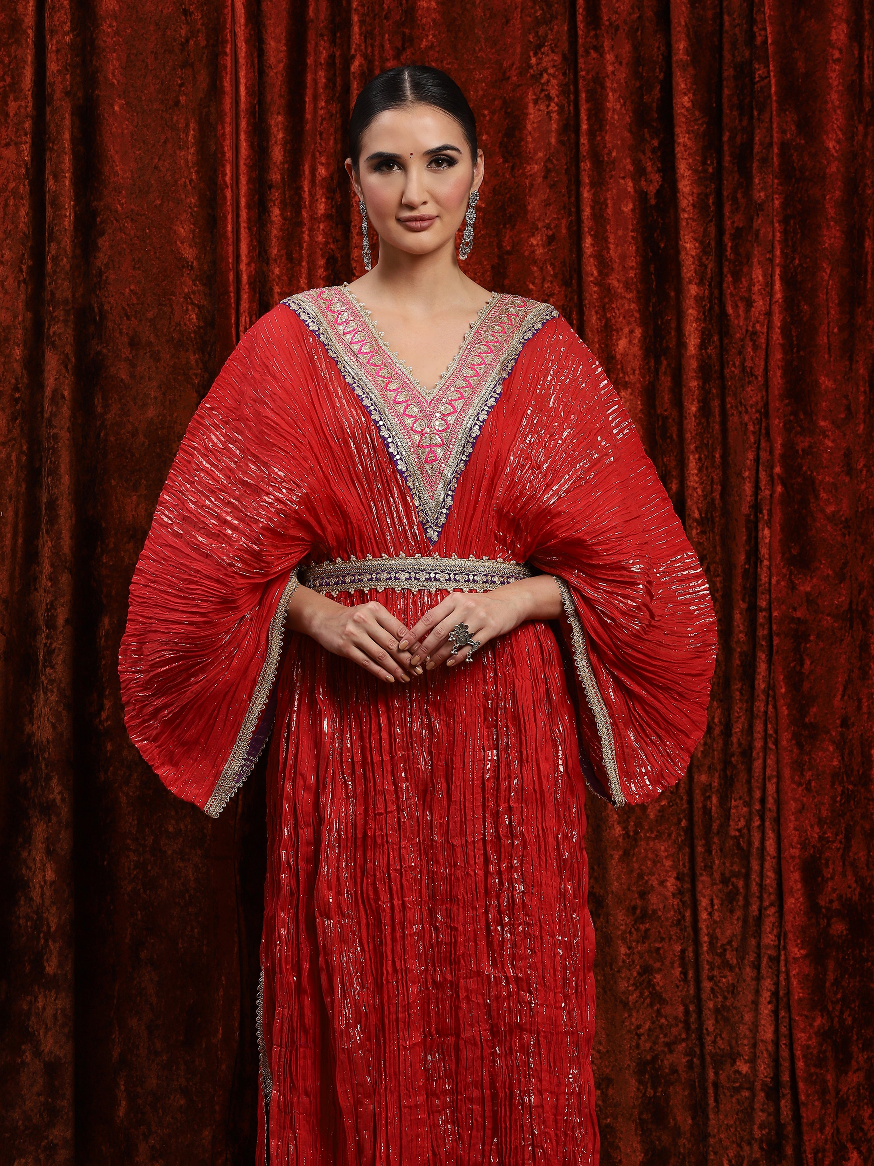 Red, Rani Pink & Purplle Crinkle Kaftan & Belt Set