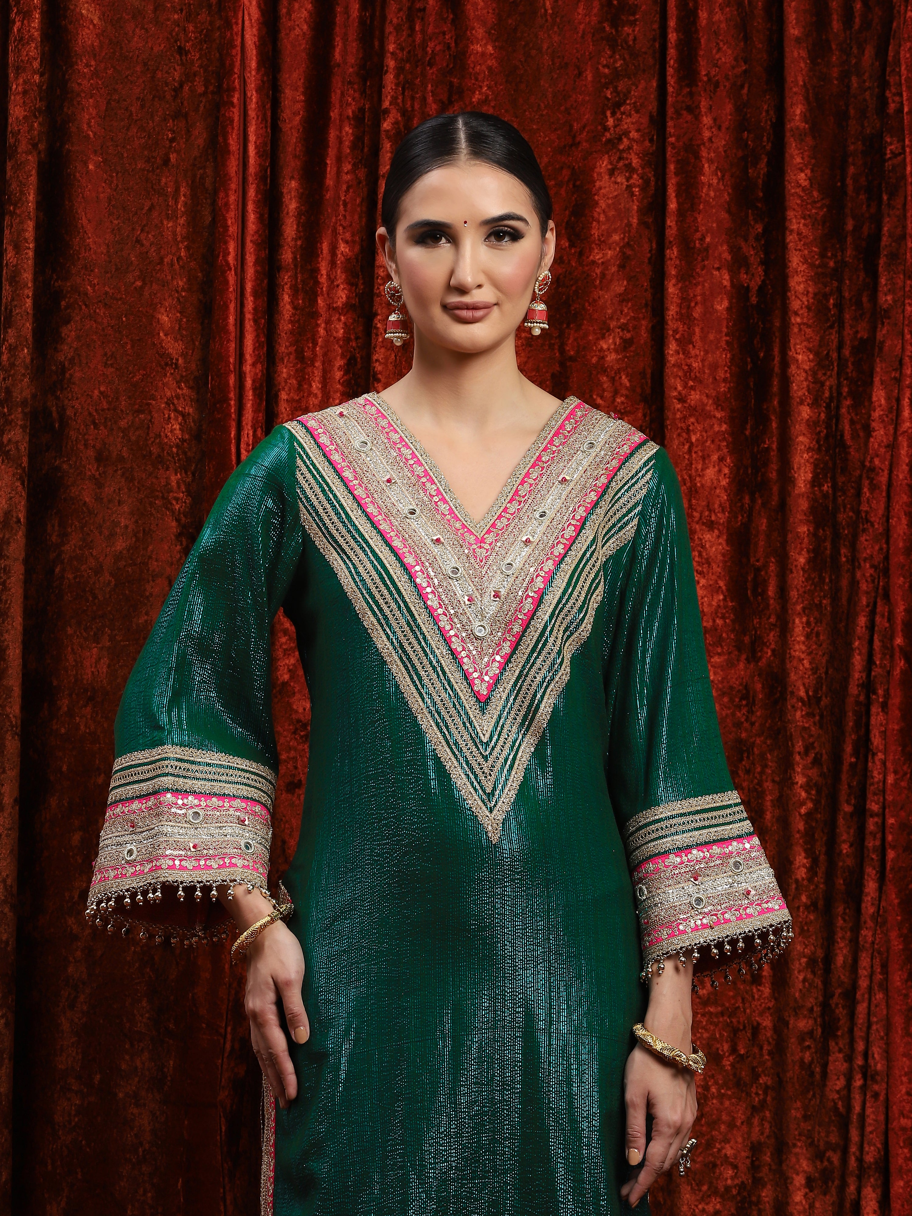 Dark Green & Rani Pink Kurta Pant Dupatta Set AGASHE Dark Green & Rani Pink Kurta Pant Dupatta Set AGASHE