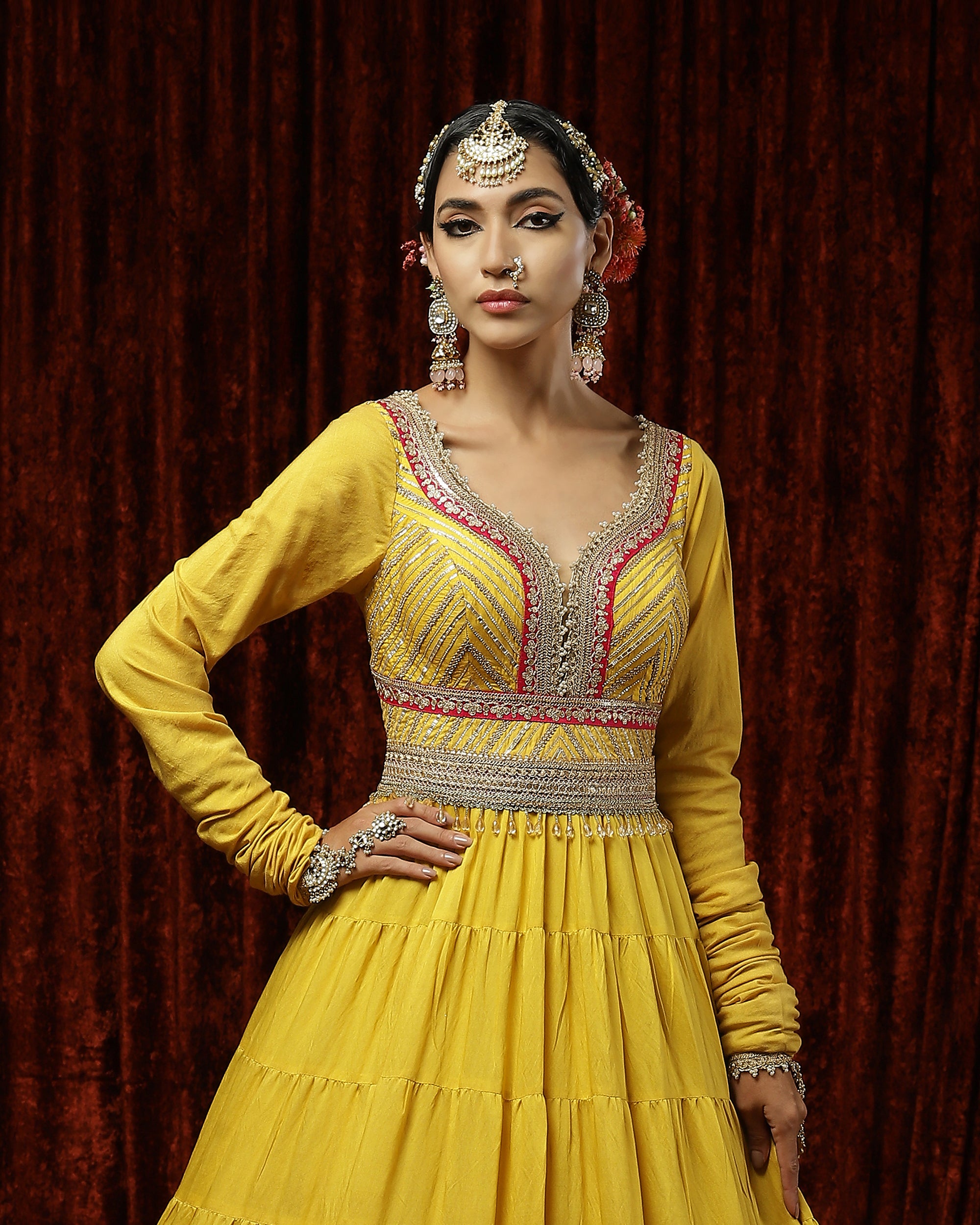 Lomon Yellow & Rani Pink Anarkali set