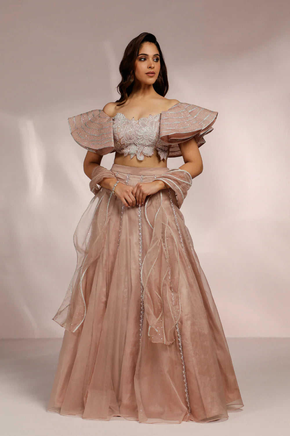 Champagne Skirt With Flared Sleeves Blouse And Dupatta Set