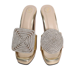 Women Open Toe Cube Globe Elevation Gold Block Heel