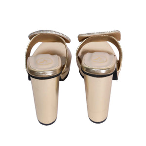 Women Open Toe Cube Globe Elevation Gold Block Heel