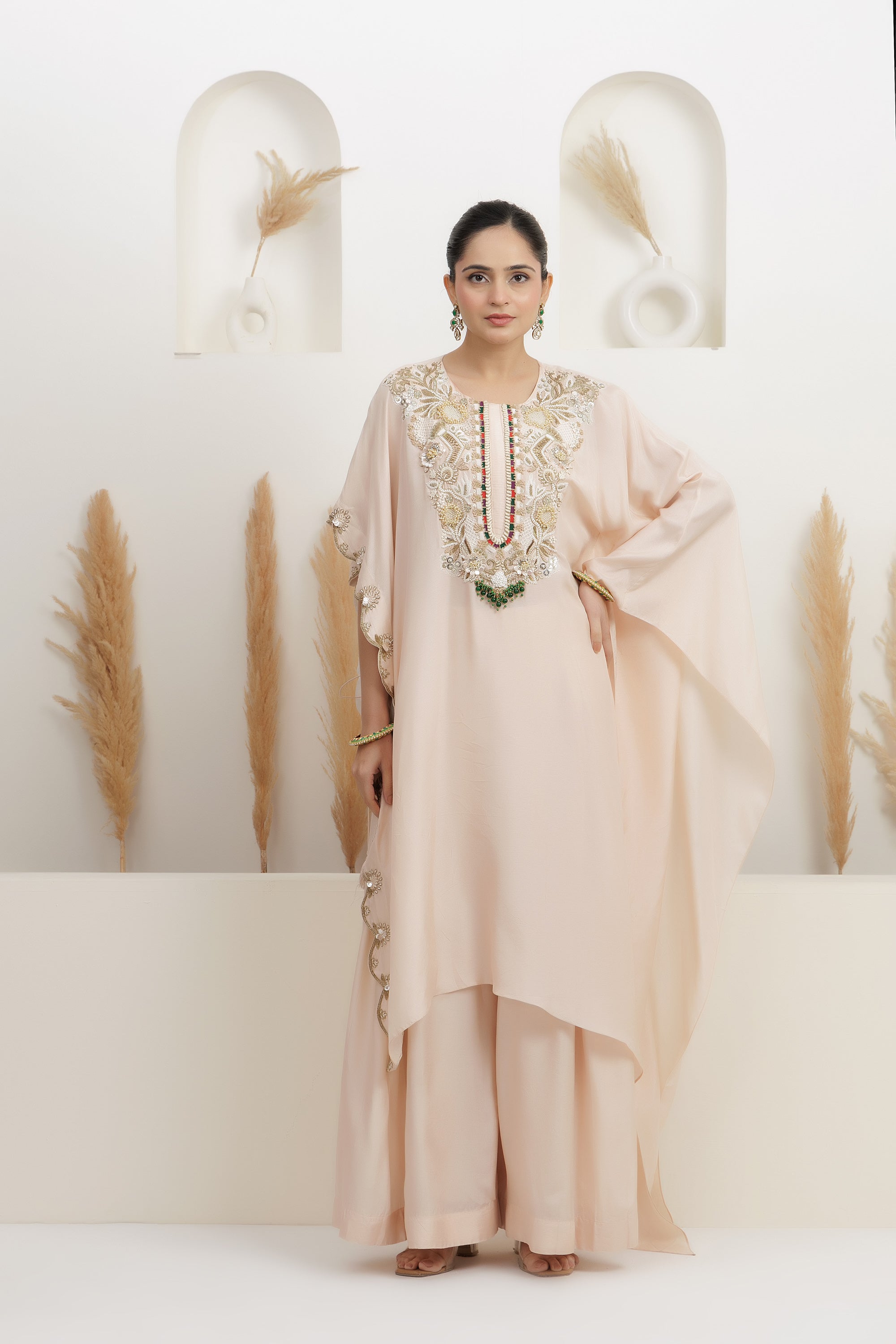 Power Pink One Side Kafttan Draped Long Cape With Palazzo Set.