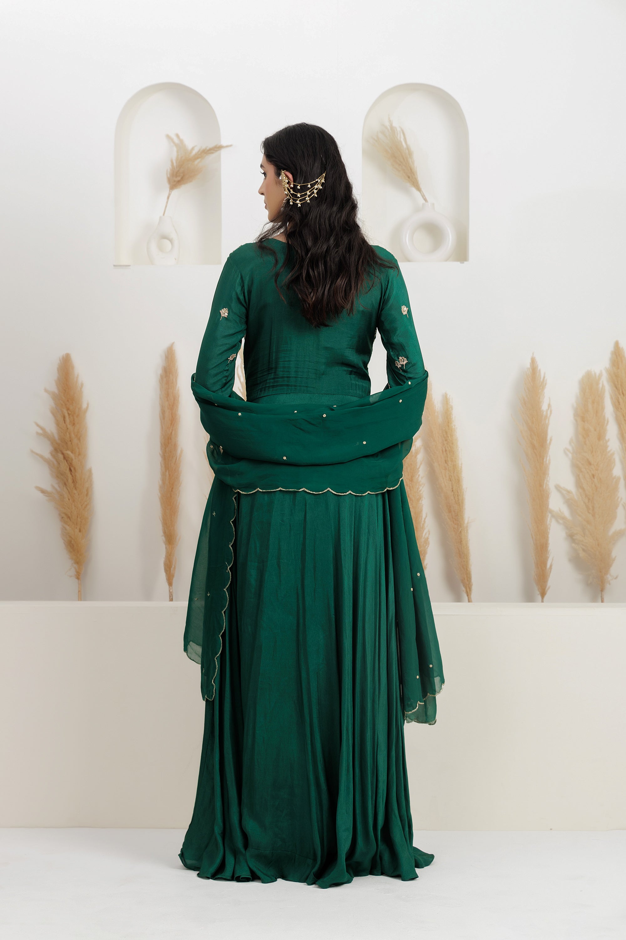 Bottle Green Dupion Silk Dabka Embroidered Front Open Anarkali With Pants And Dupatta.
