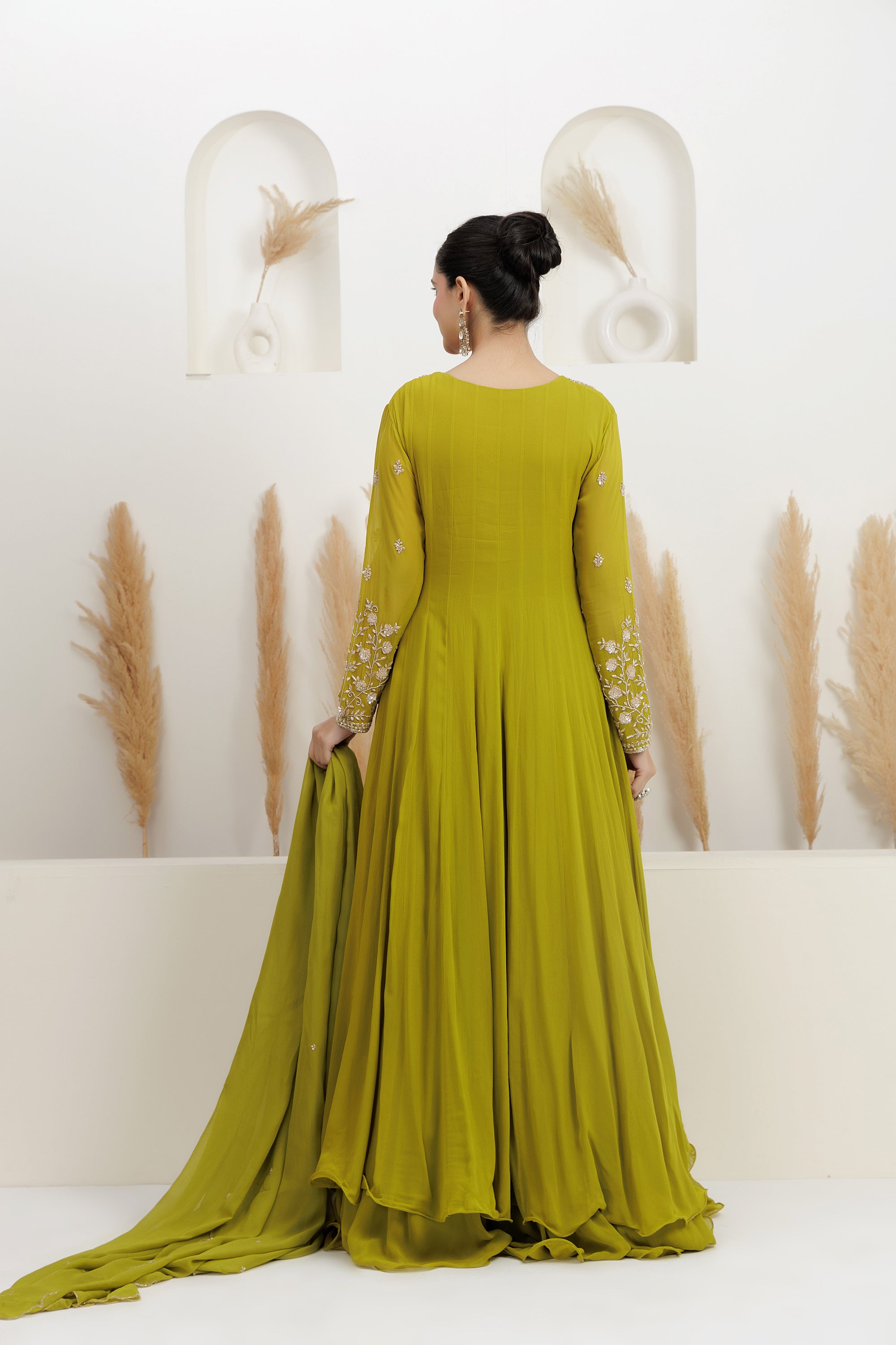 Green Georgette Embroidered Anarkali With Dupatta.