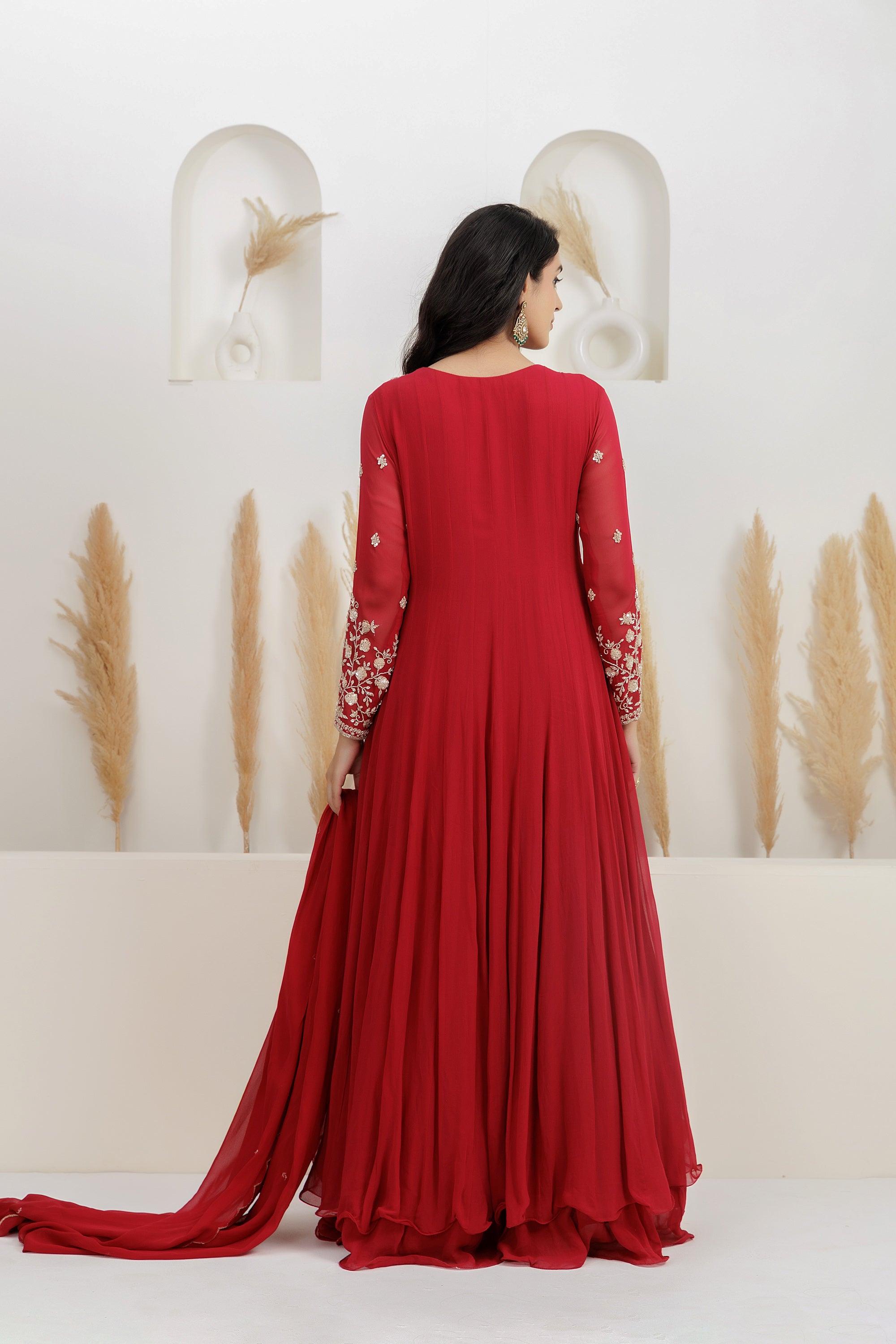 Red Georgette Embroidered Anarkali With Dupatta.