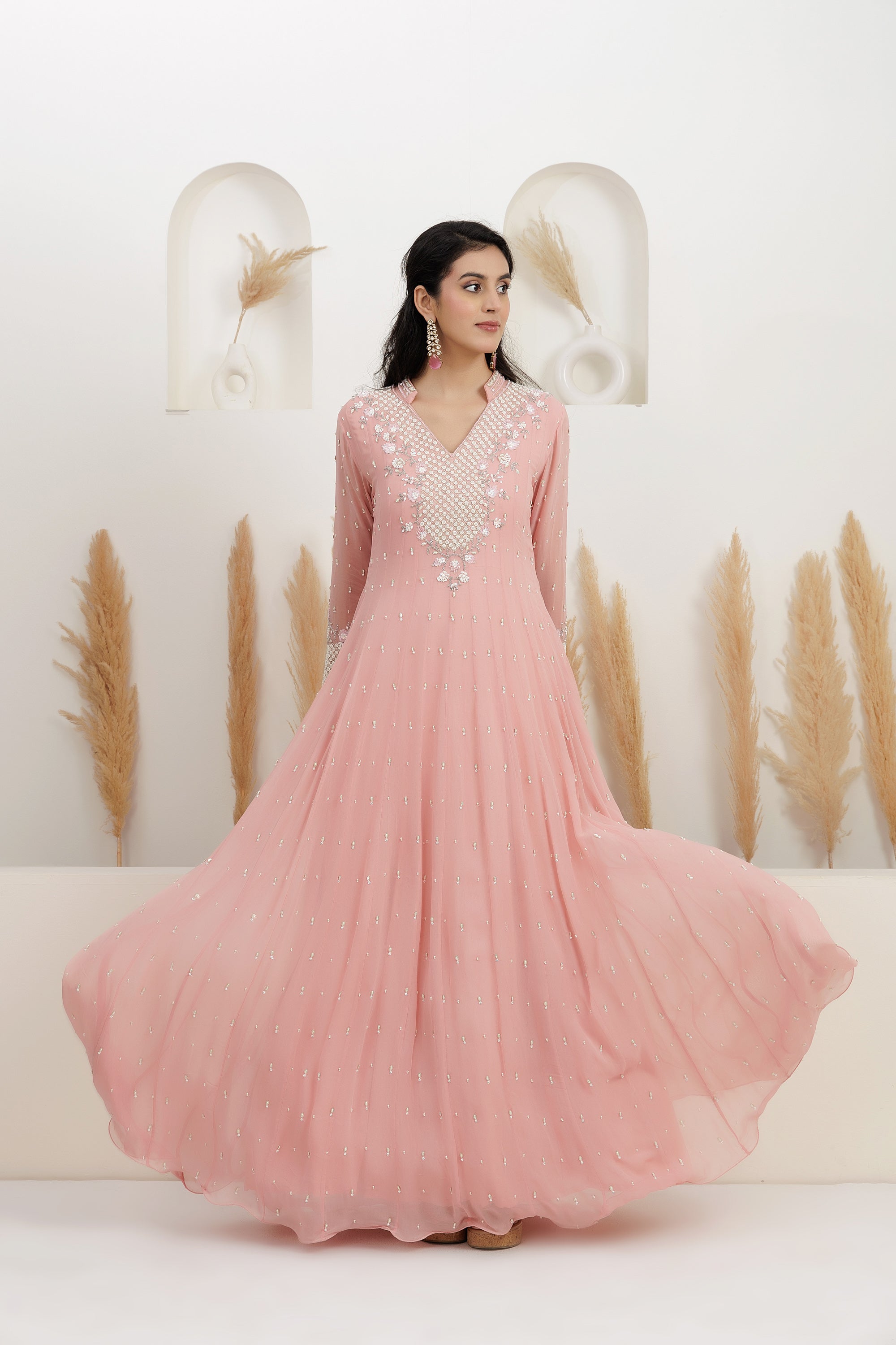 Peach Georgette Embroidered Gown