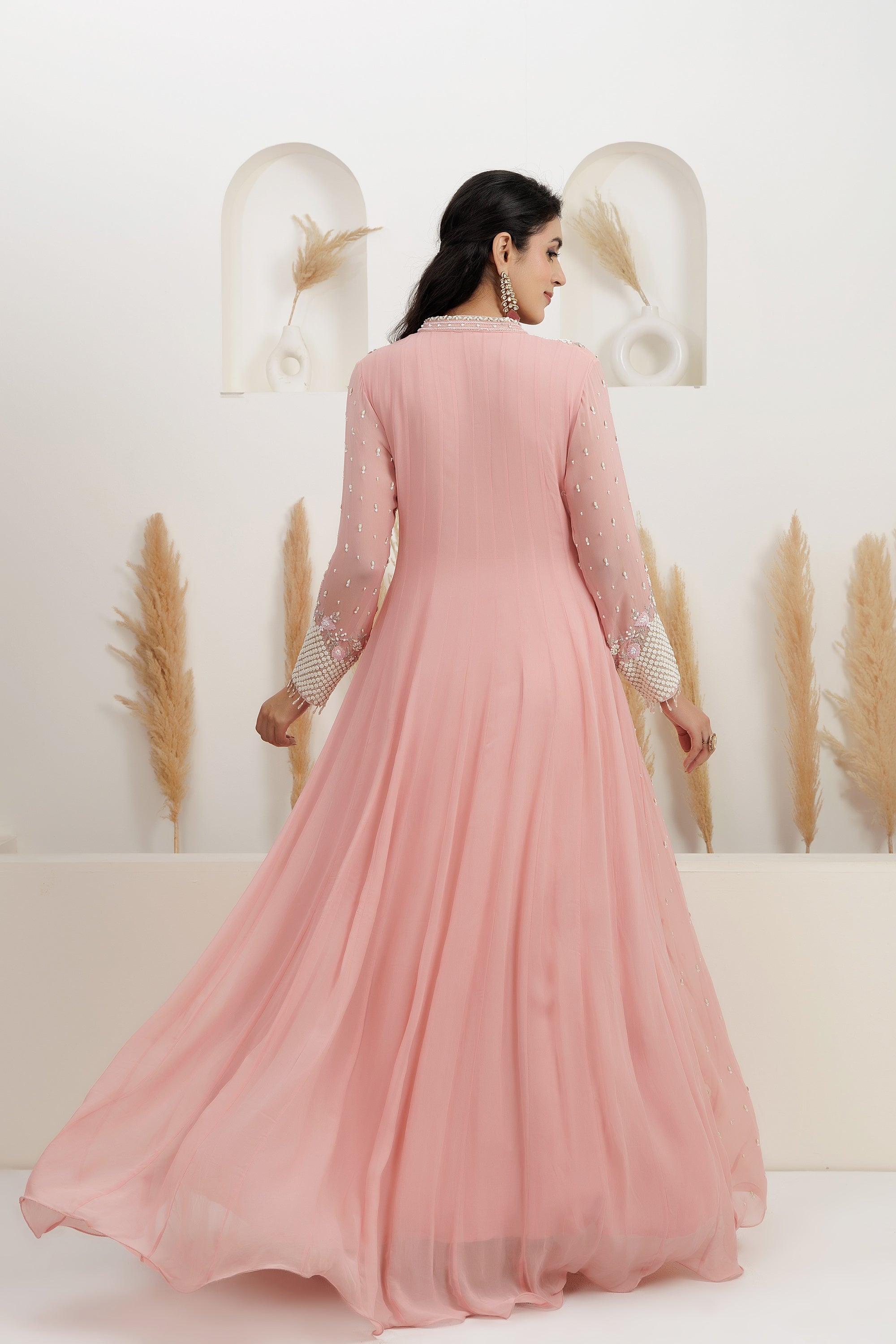 Peach Georgette Embroidered Gown