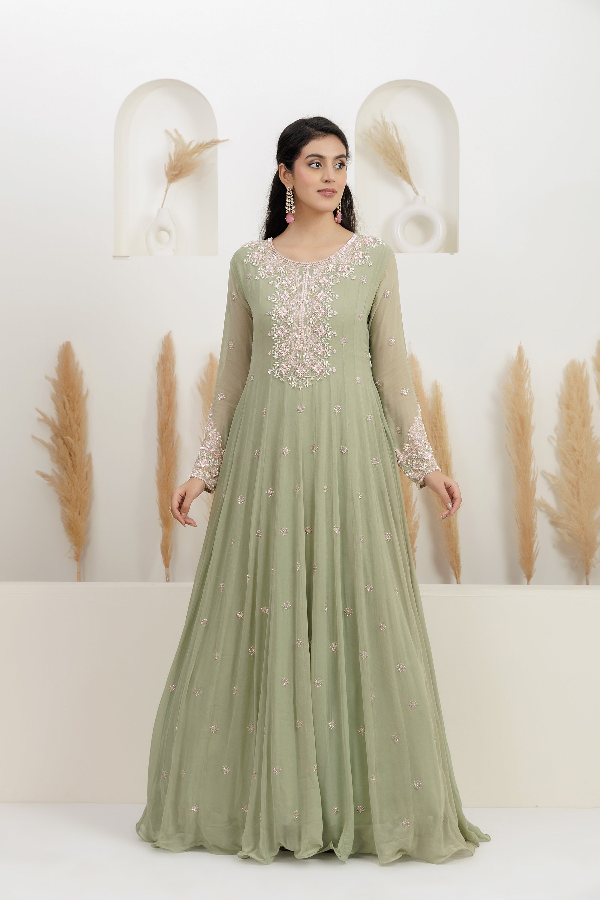 Sage Green Georgette Embroidered Gown.