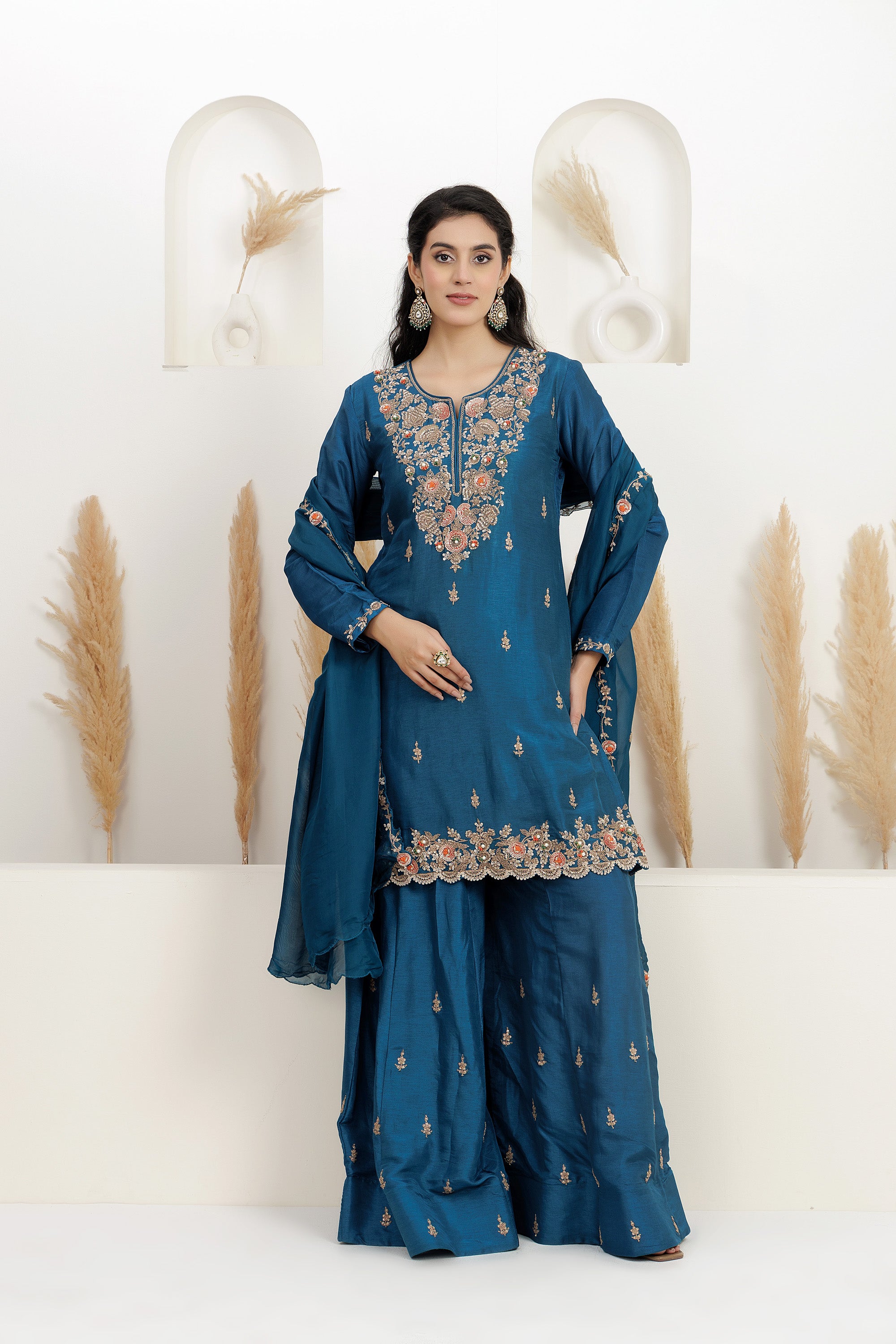 Royal Blue Pure Bamber Silk Embroidered Sharara Set