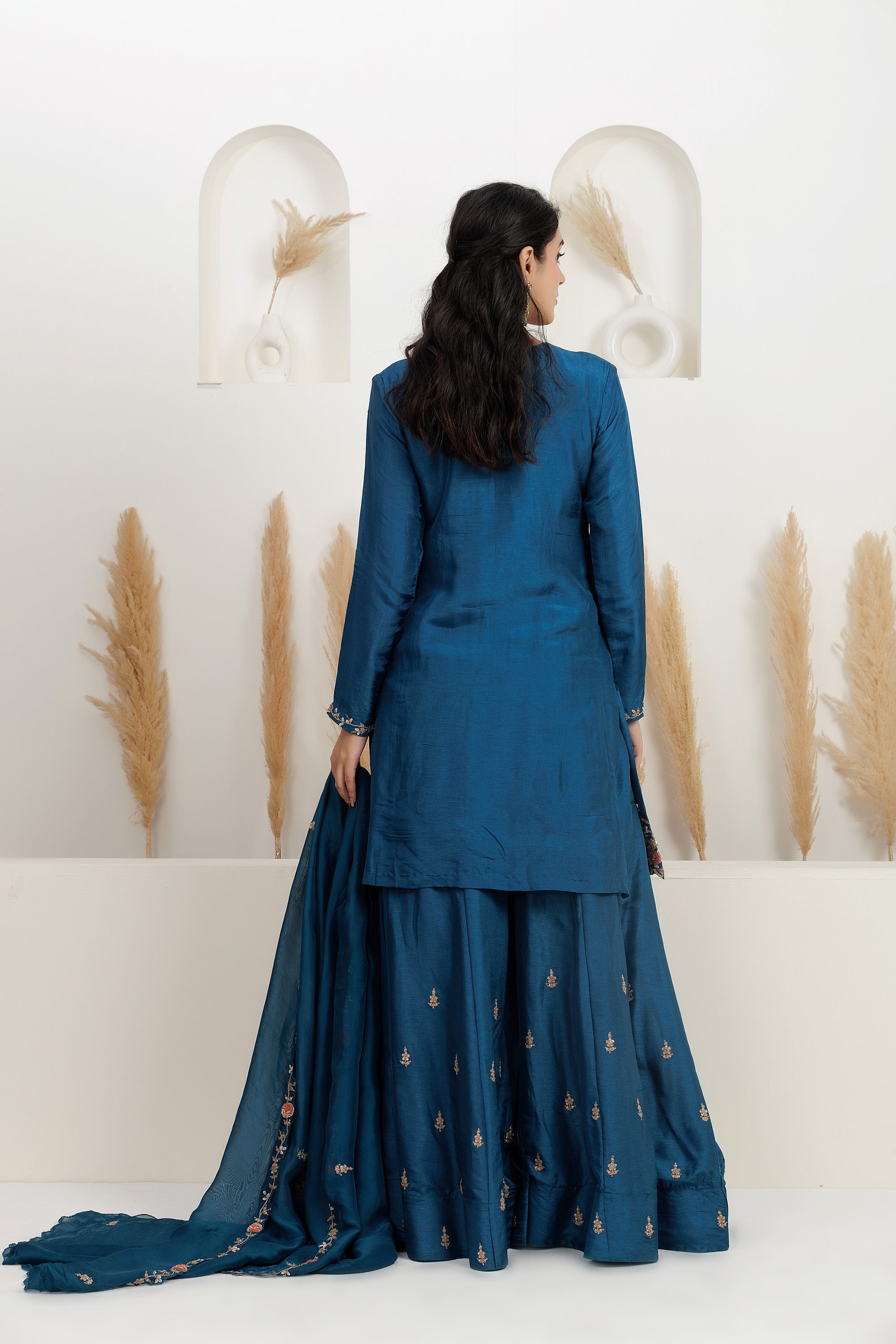 Royal Blue Pure Bamber Silk Embroidered Sharara Set