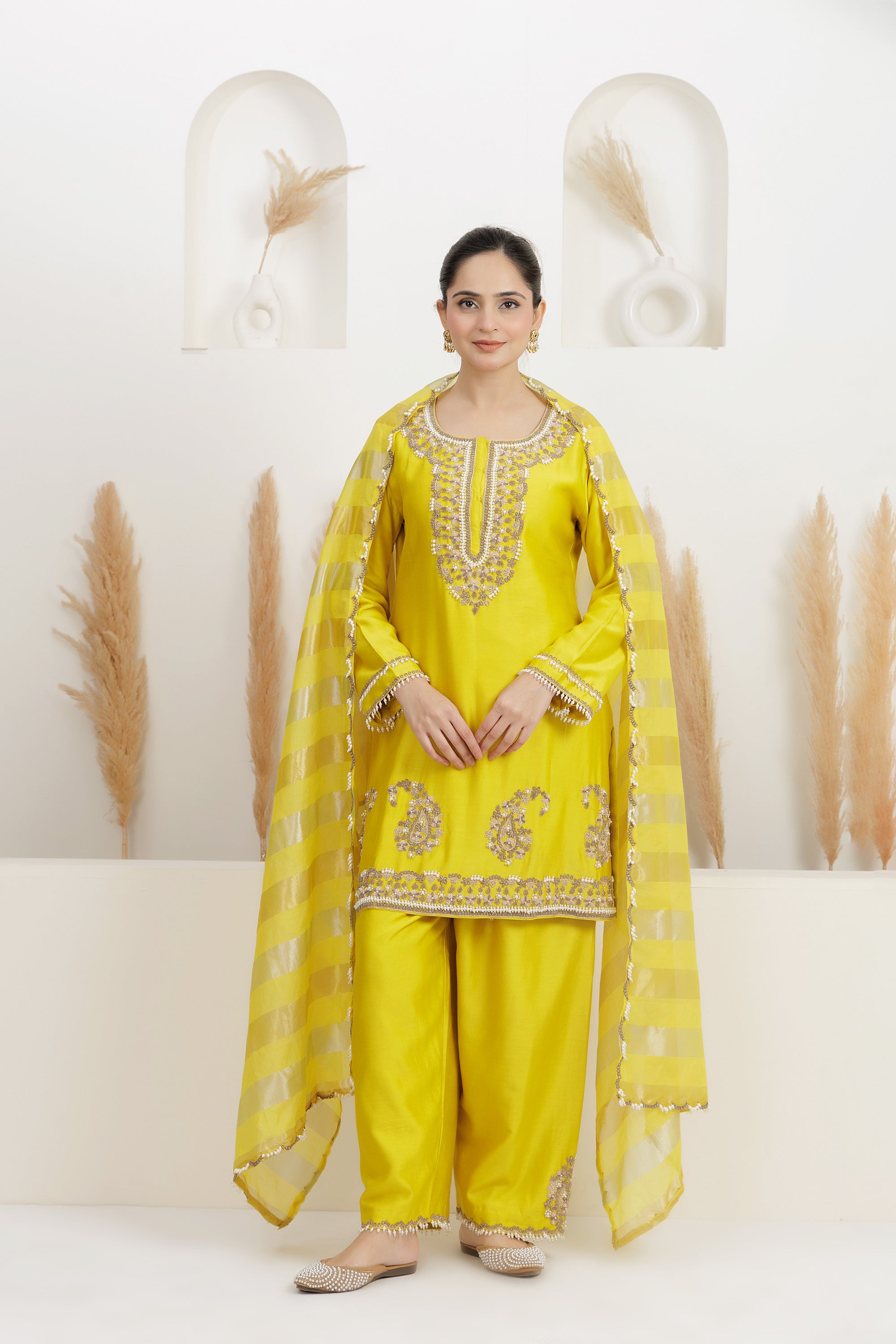 Mastard Yellow Pure Chanderi Silk Embroidered Suit With Pants And Dupatta Set.