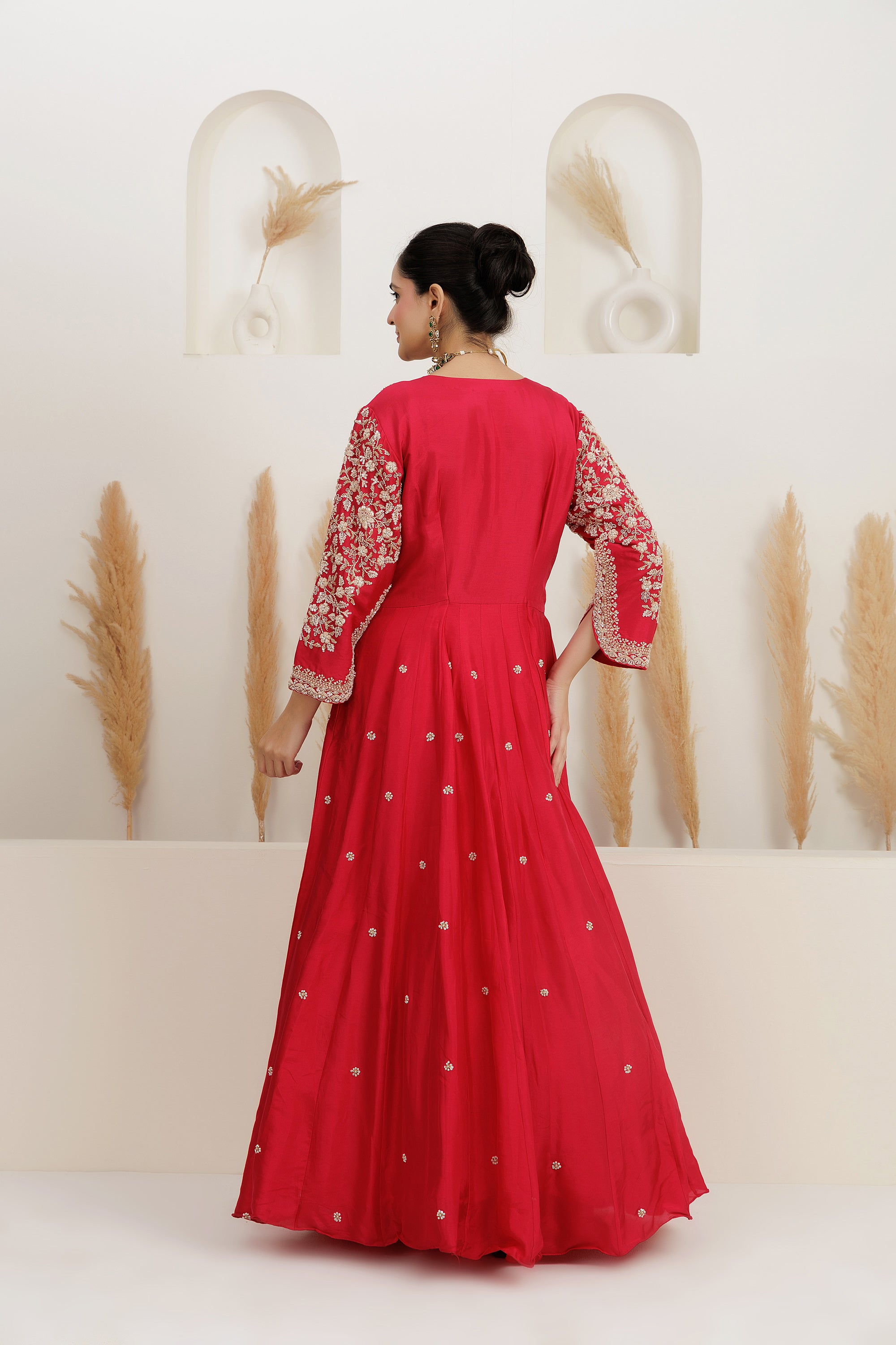 Fuchsia Pink Dupion Silk Embroidered Anarkali Suit With Dupatta.