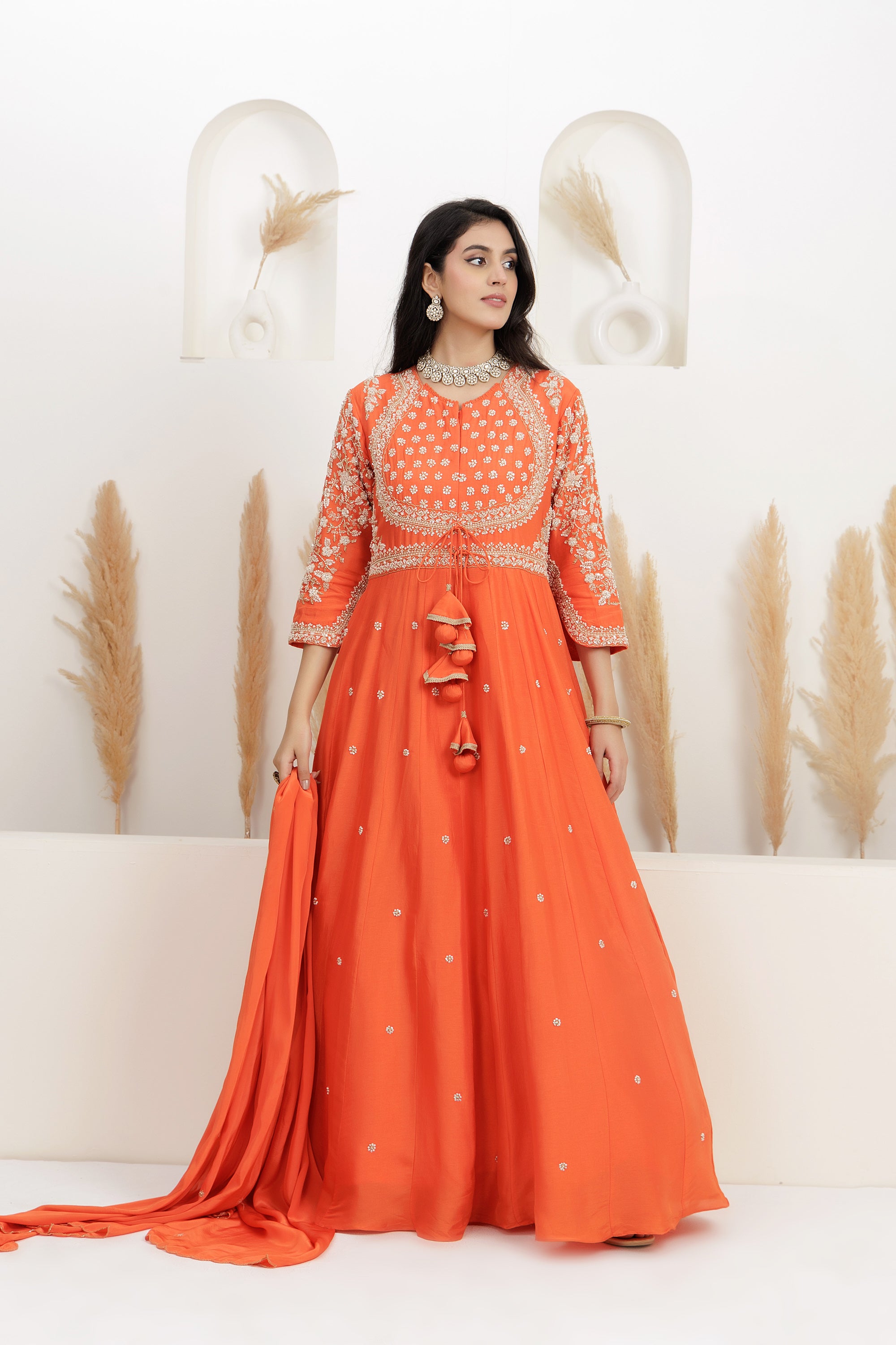 Rust Dupion Silk Embroidered Anarkali Suit With Dupatta.
