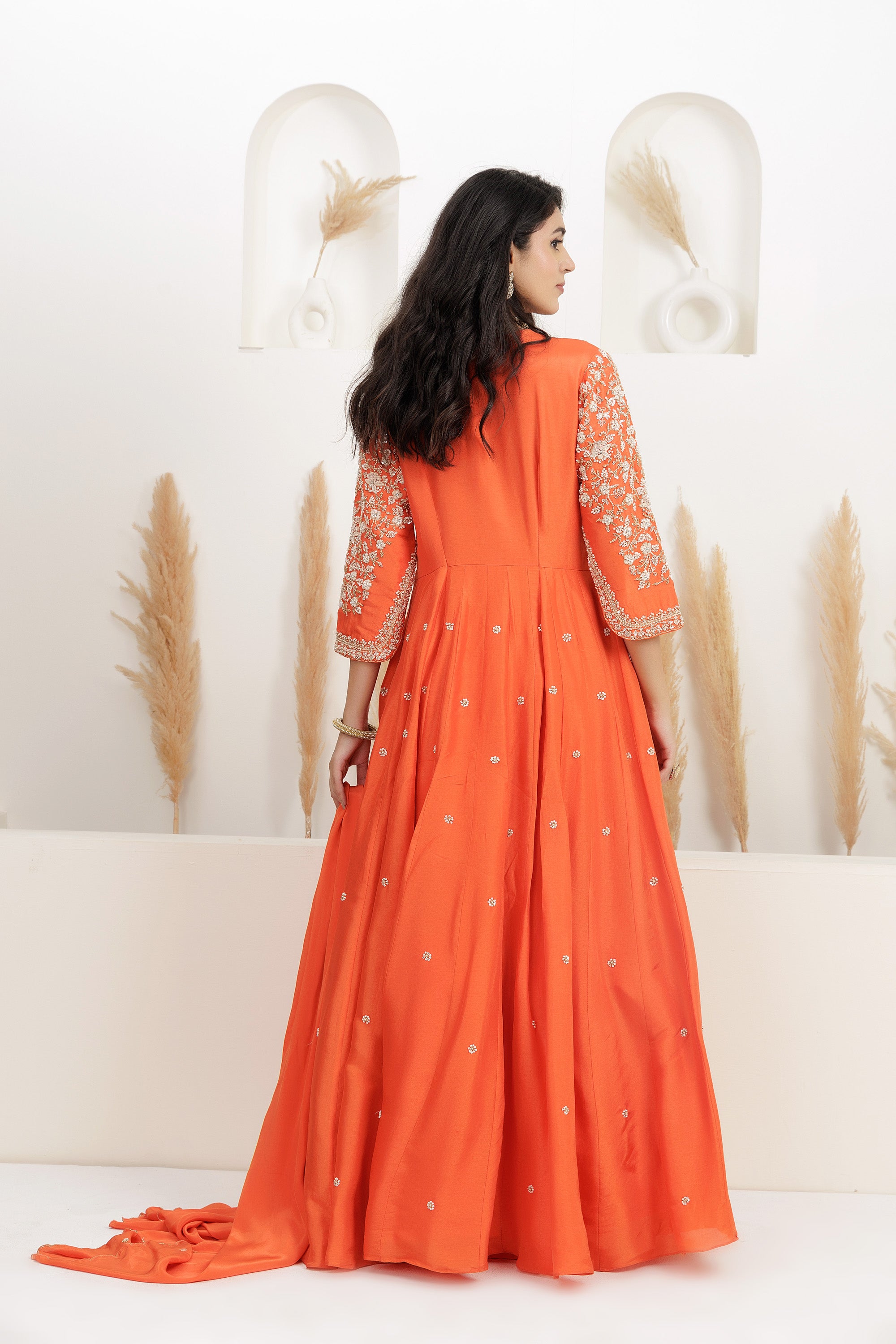Rust Dupion Silk Embroidered Anarkali Suit With Dupatta.