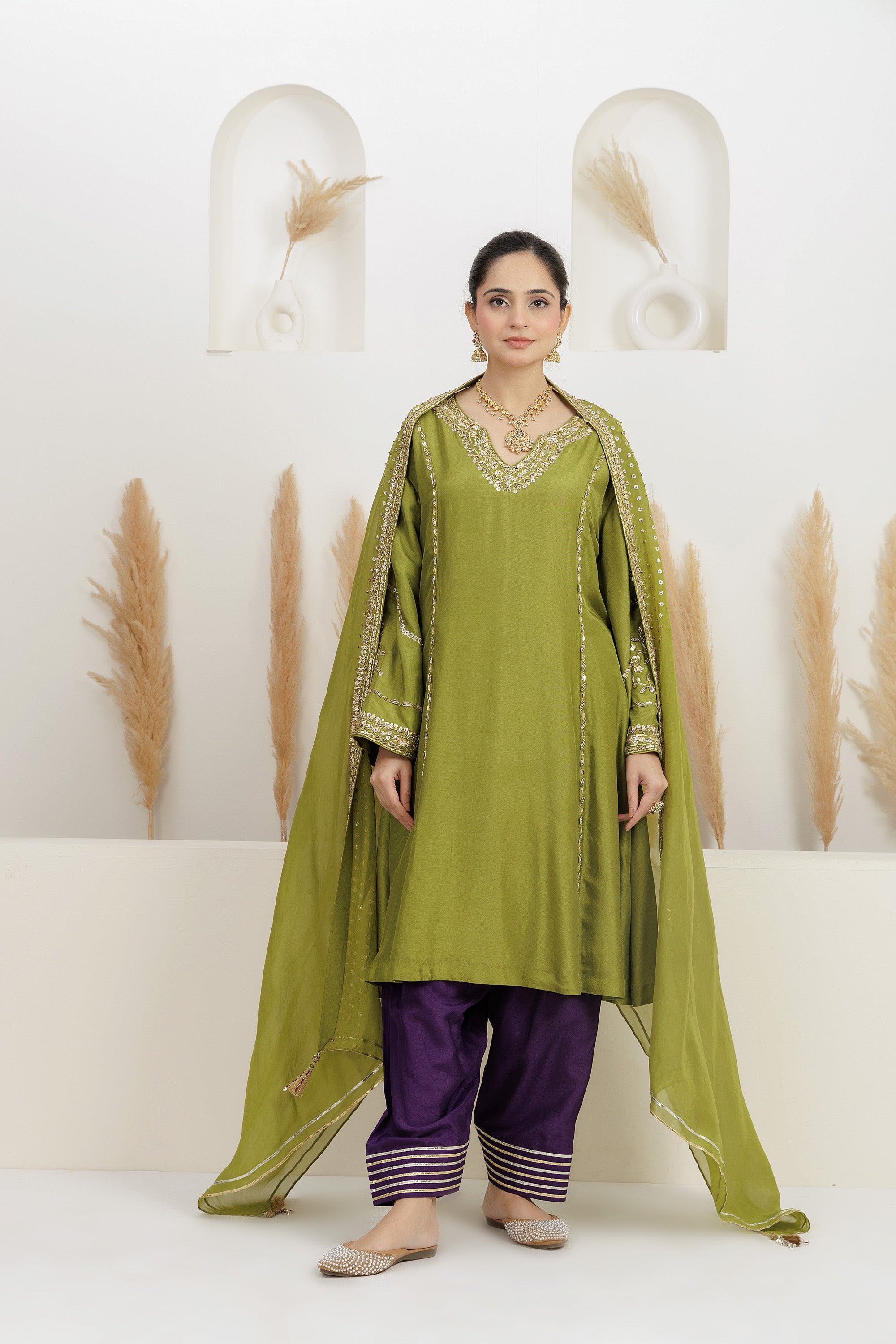 Mehendi Green Suit With Salwar And Dupatta.