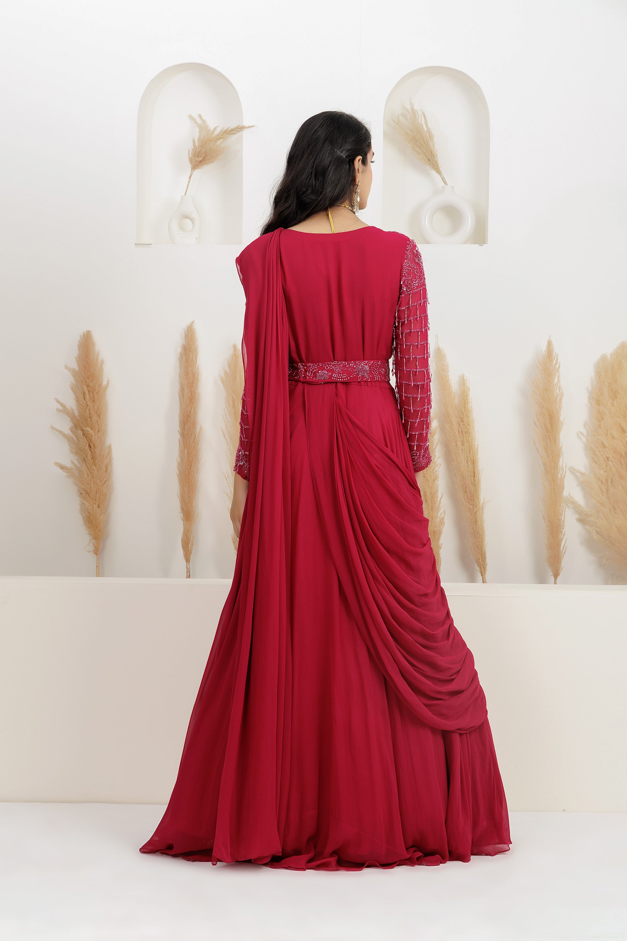 Cherry Red Georgette Sequins Embroidered Draped Gown Saree