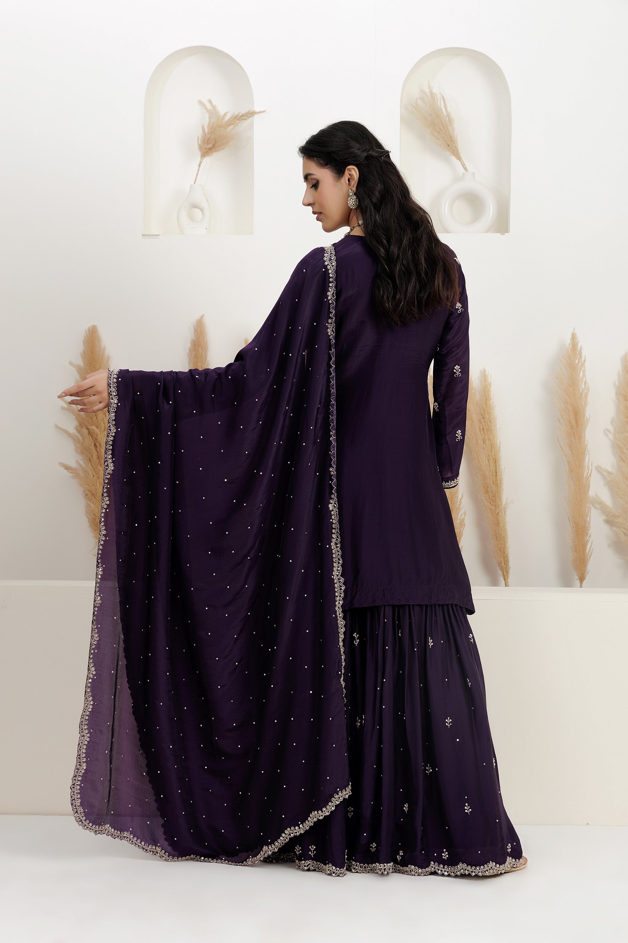 Purple Satin Silk Sharara Set
