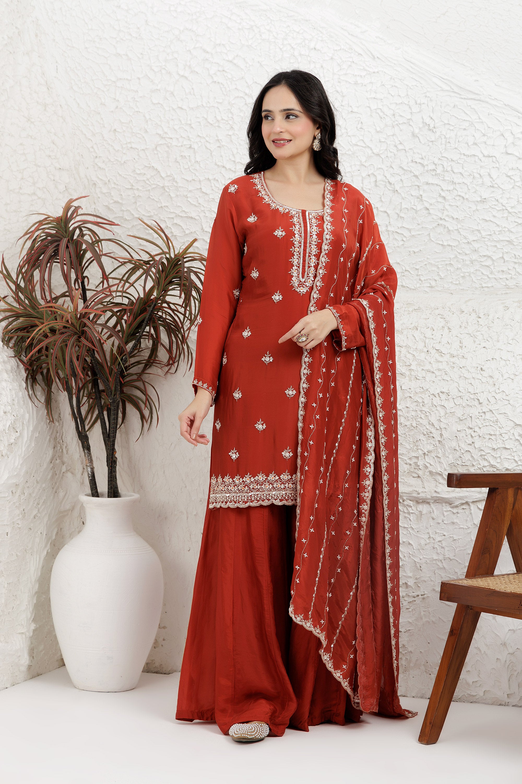 Deep Rust Satin Silk Sharara Set