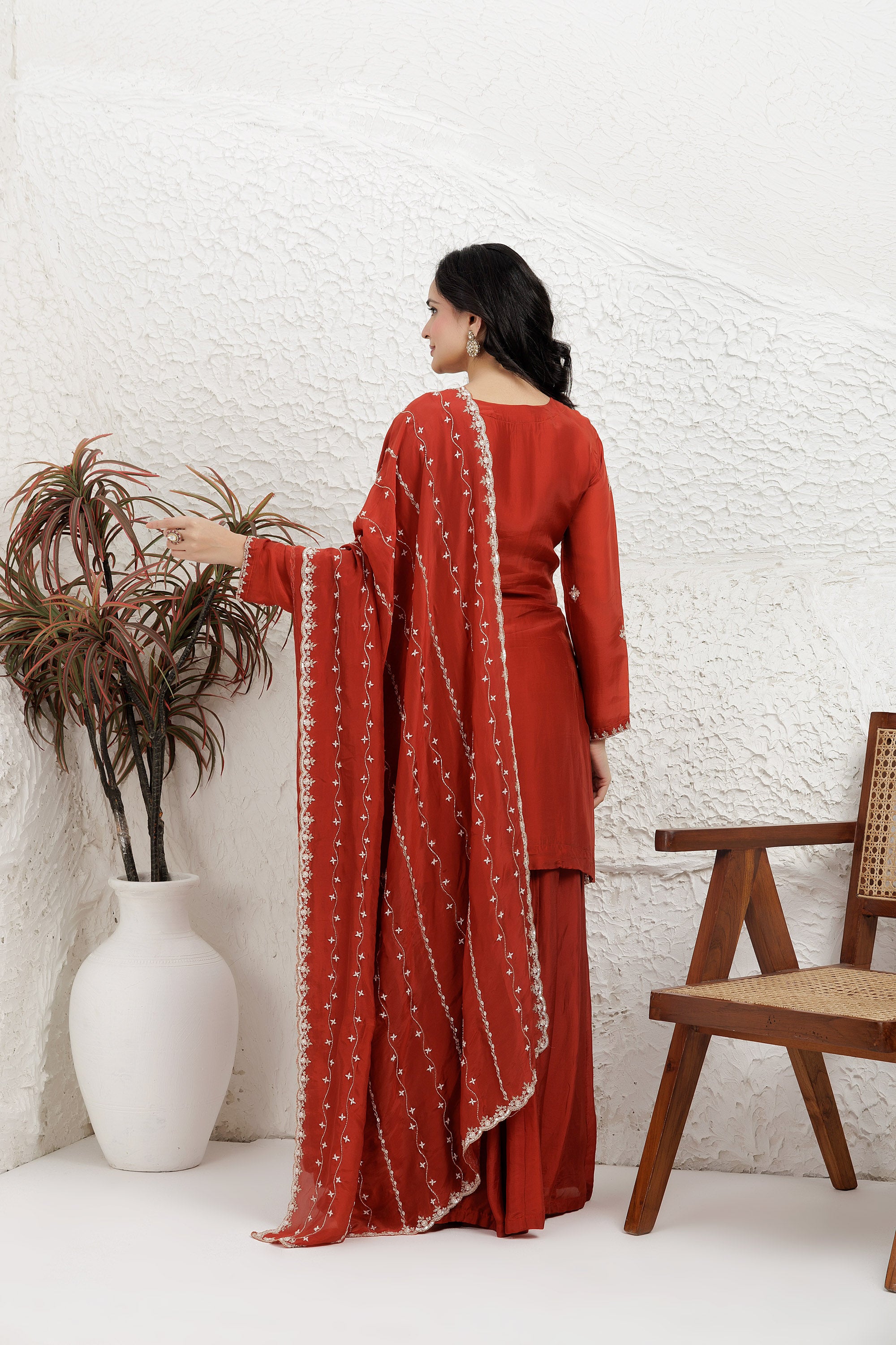 Deep Rust Satin Silk Sharara Set