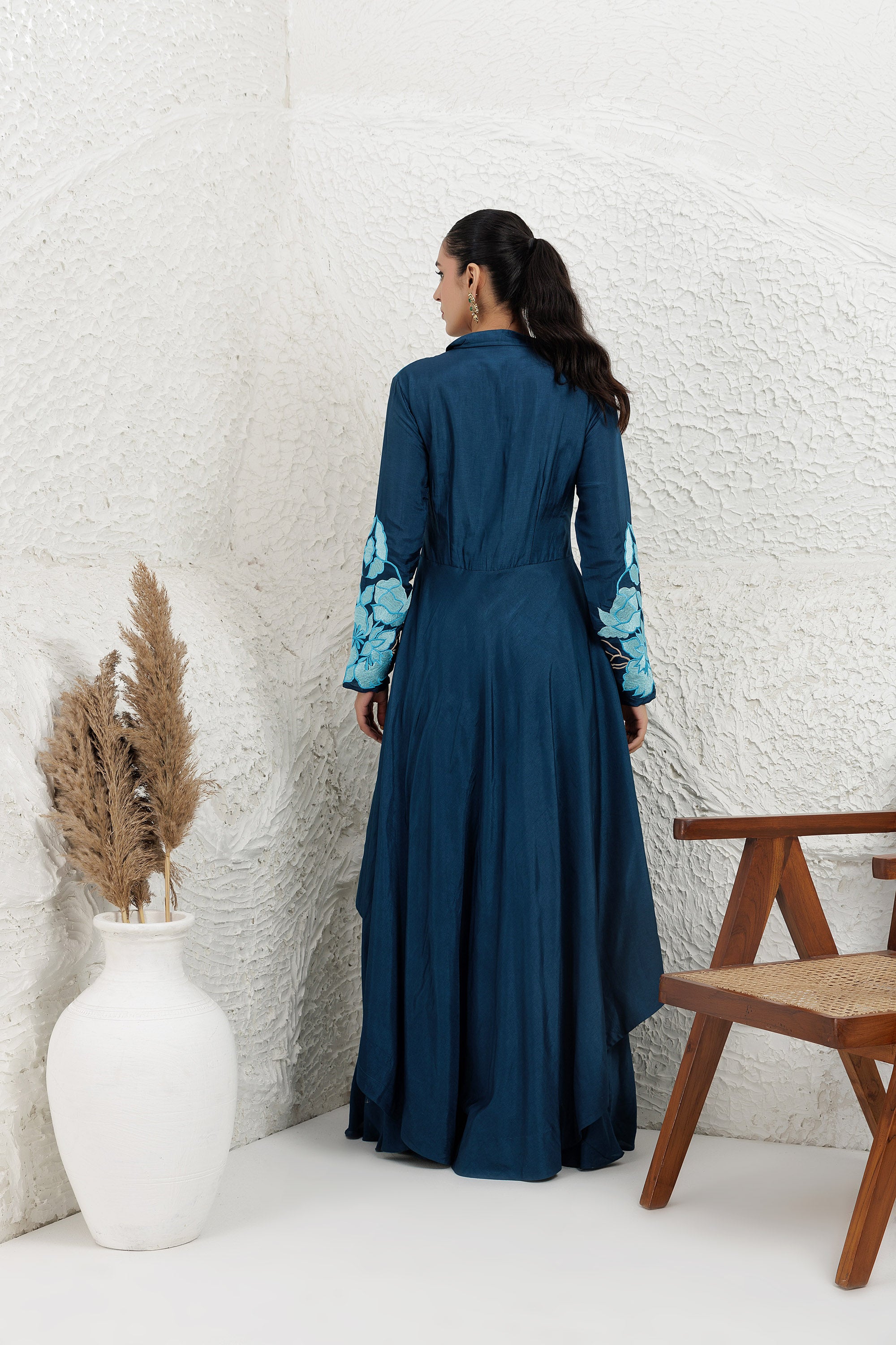 Blue Bemberg Silk Applique Embroidered High-Low Dress With Palazzo Set